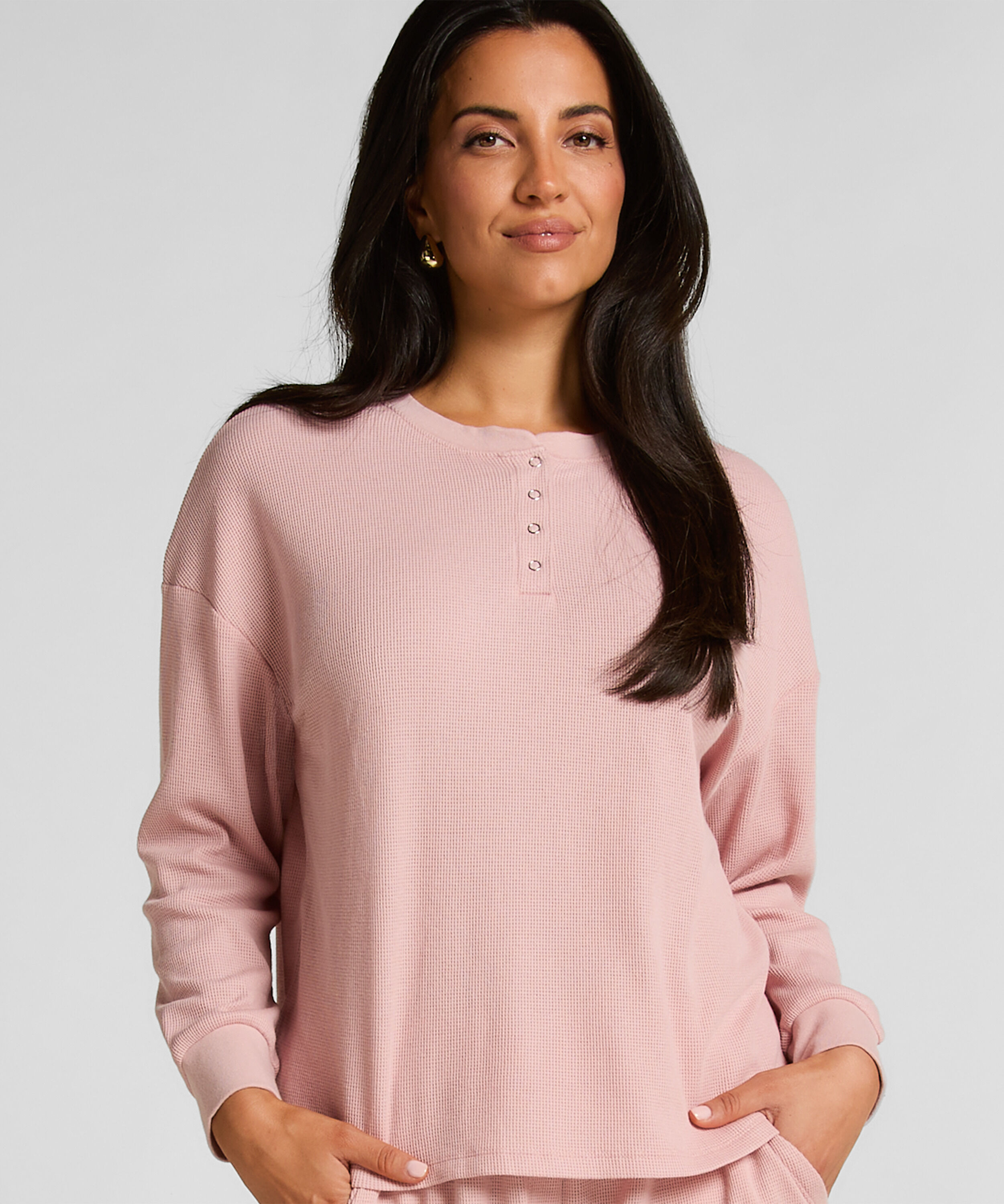Top Waffelstrick Henley, Rosa