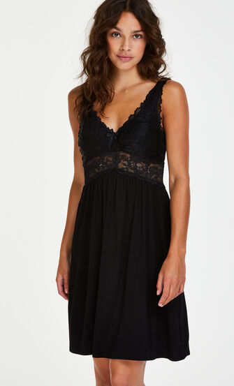Slipdress Modal Lace mit Spitze, Schwarz