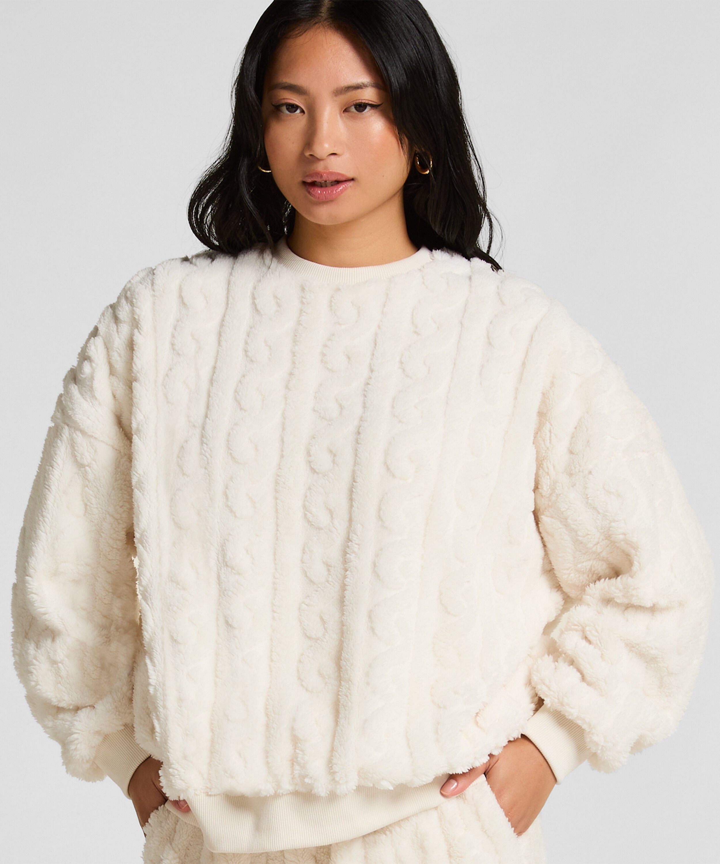 Top Cable Fleece, Weiß