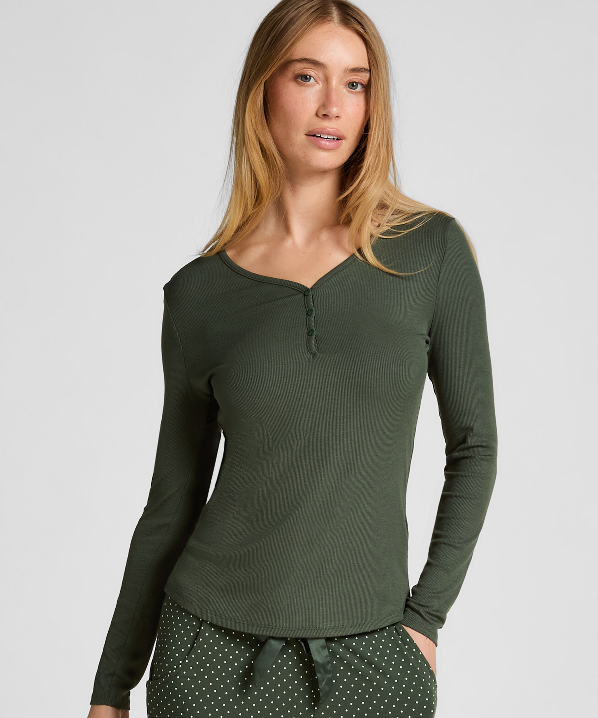 Henley-Pyjamatop mit langen Ärmeln, Grün Henley-Pyjamatop mit langen Ärmeln, Grün