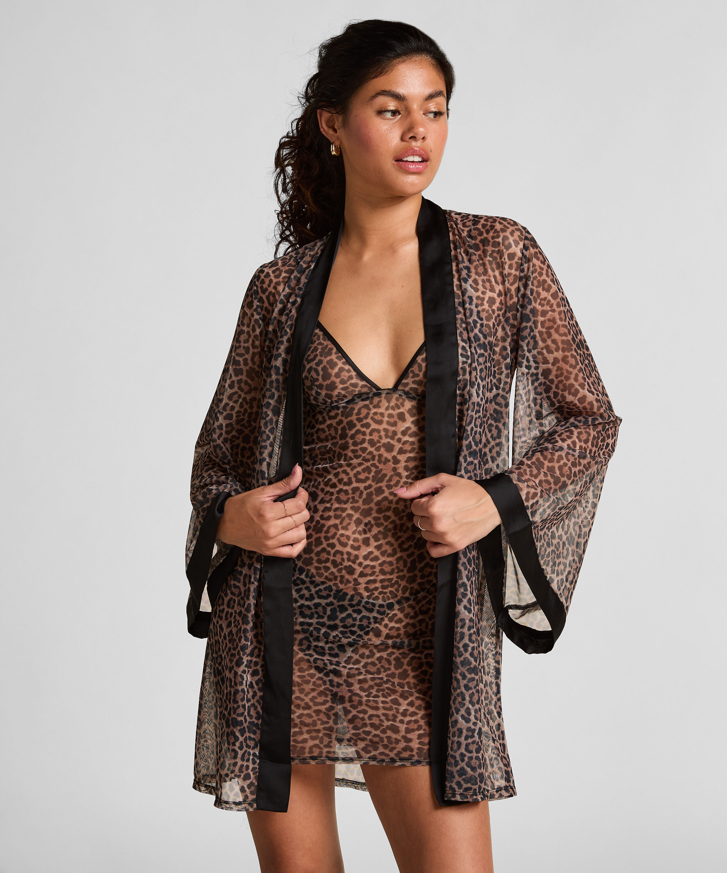 Leopard Mesh-Kimono, Schwarz