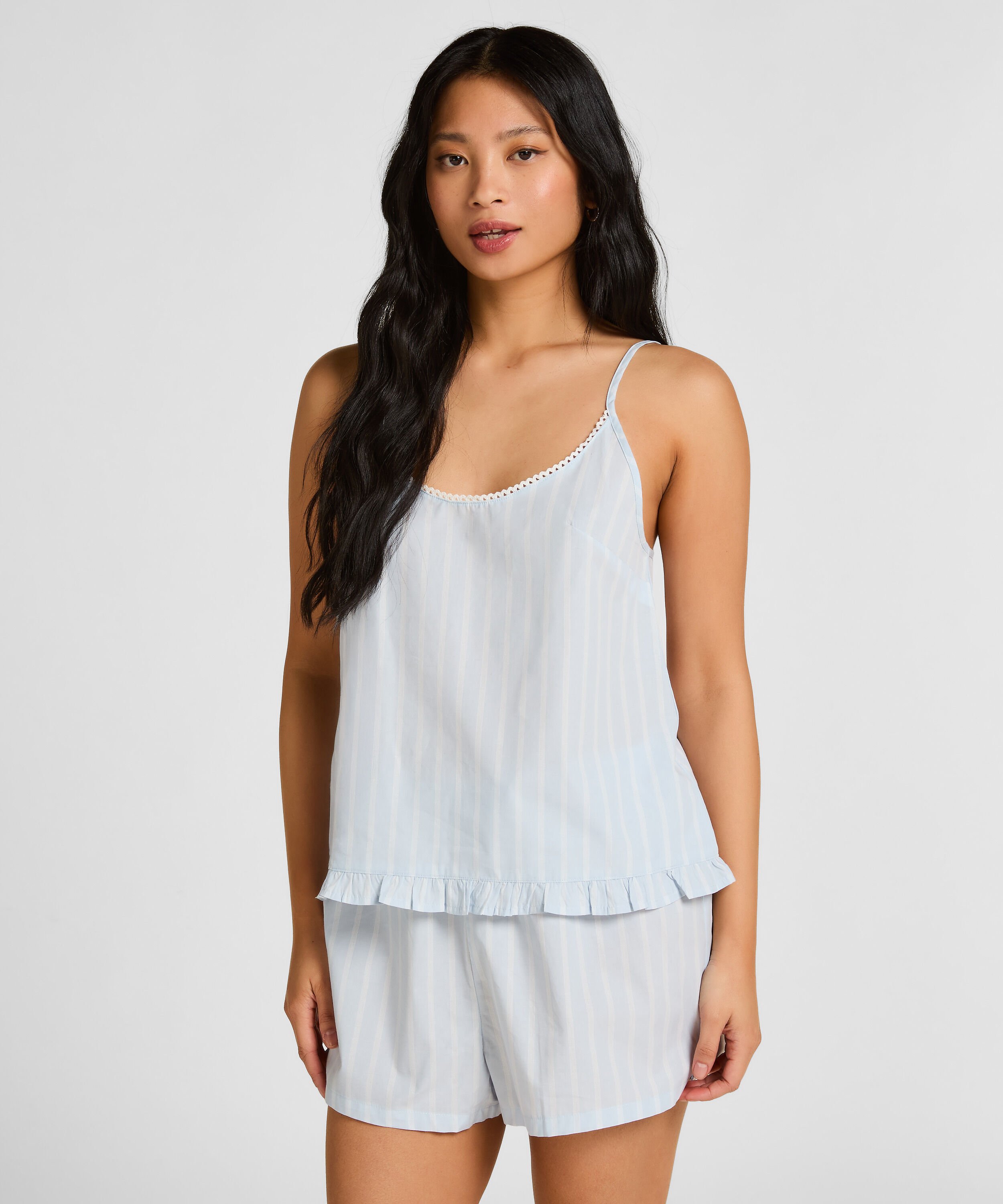 Gestreiftes Baumwoll-Pyjama-Shirt mit Kurzen Ärmeln, Blau Gestreiftes Baumwoll-Pyjama-Shirt mit Kurzen Ärmeln, Blau