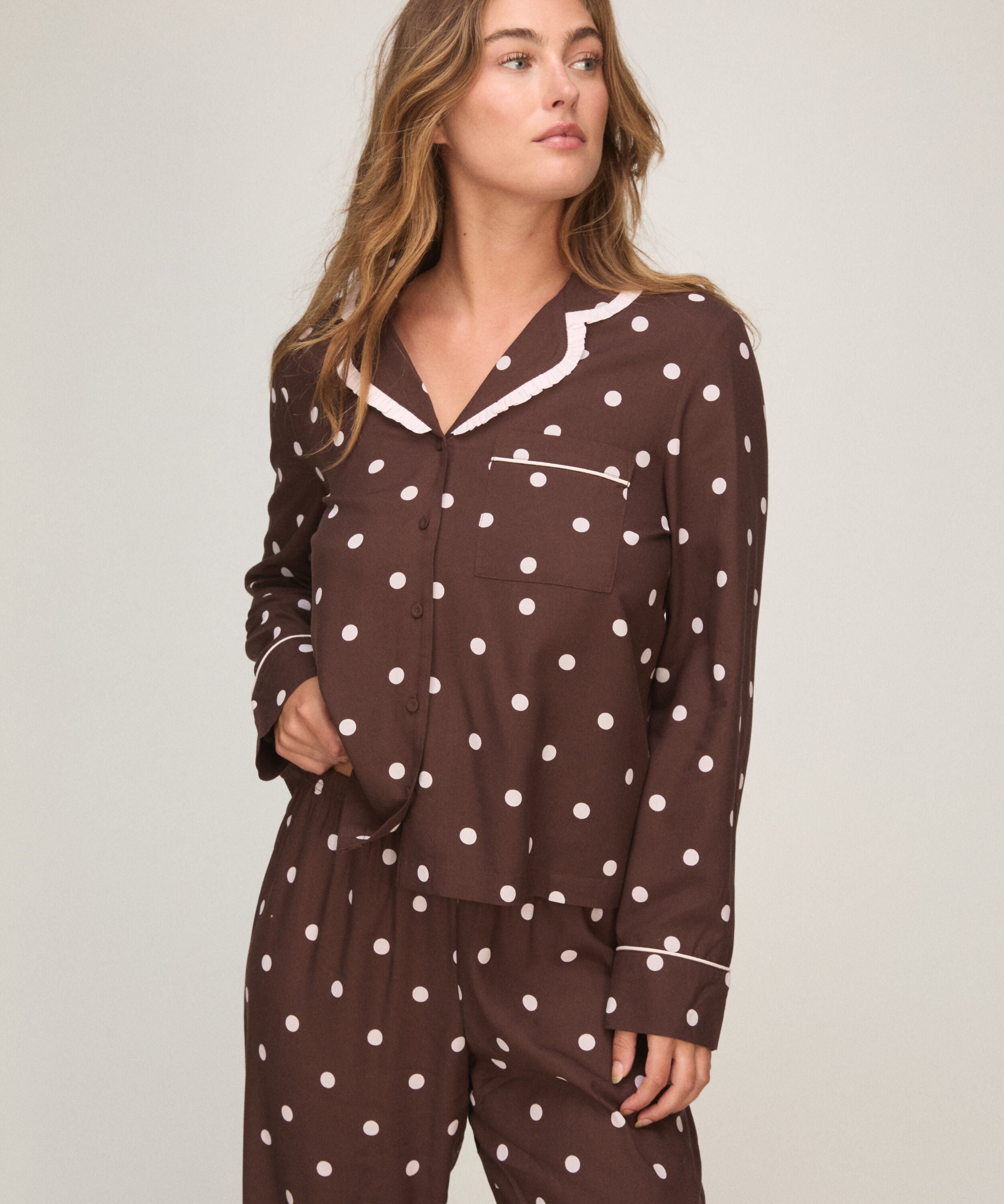 Pyjama Set Poplin Ruffle, Braun Pyjama Set Poplin Ruffle, Braun