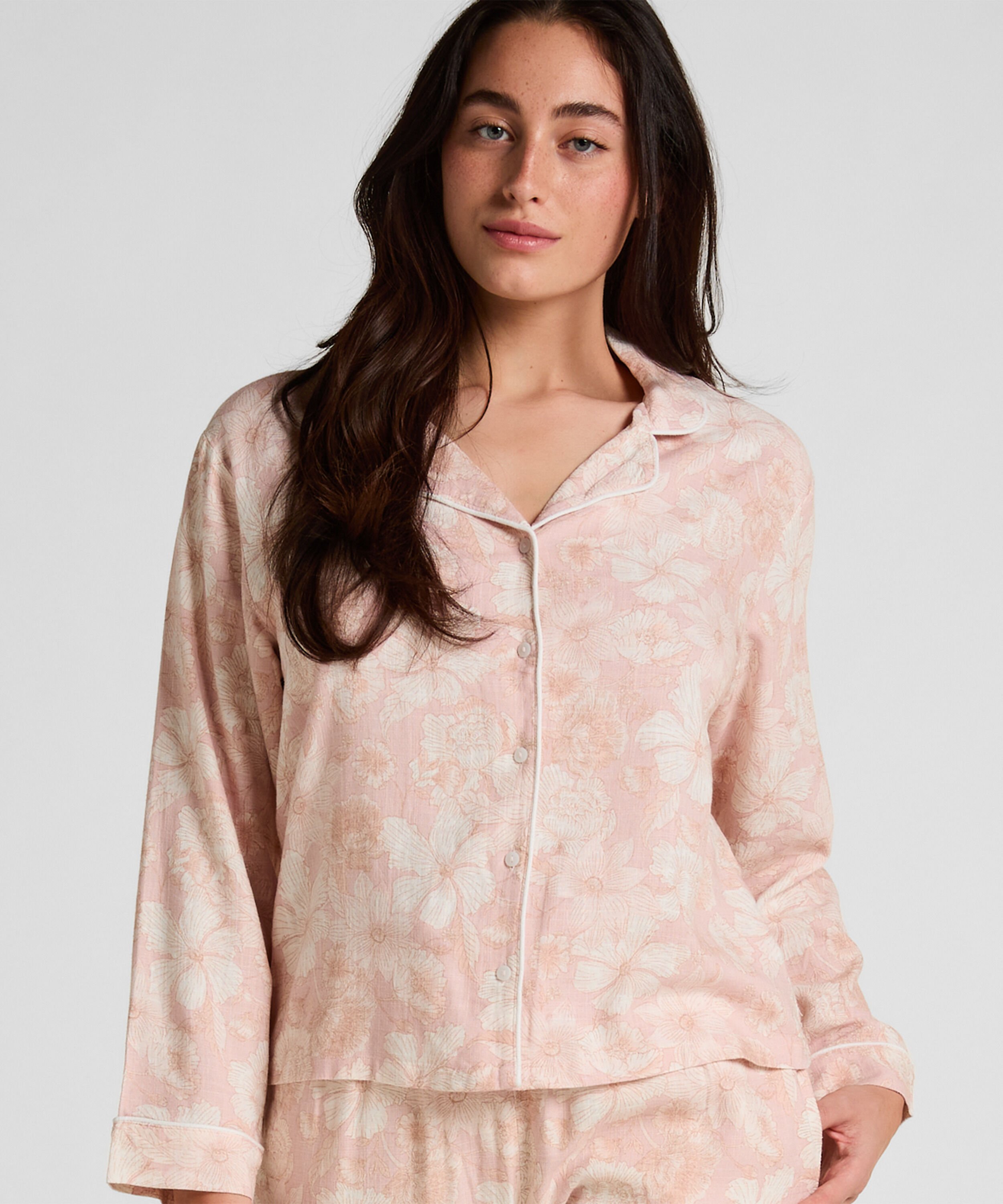 Leinen-Pyjamajacke mit Blumenmuster, Rosa