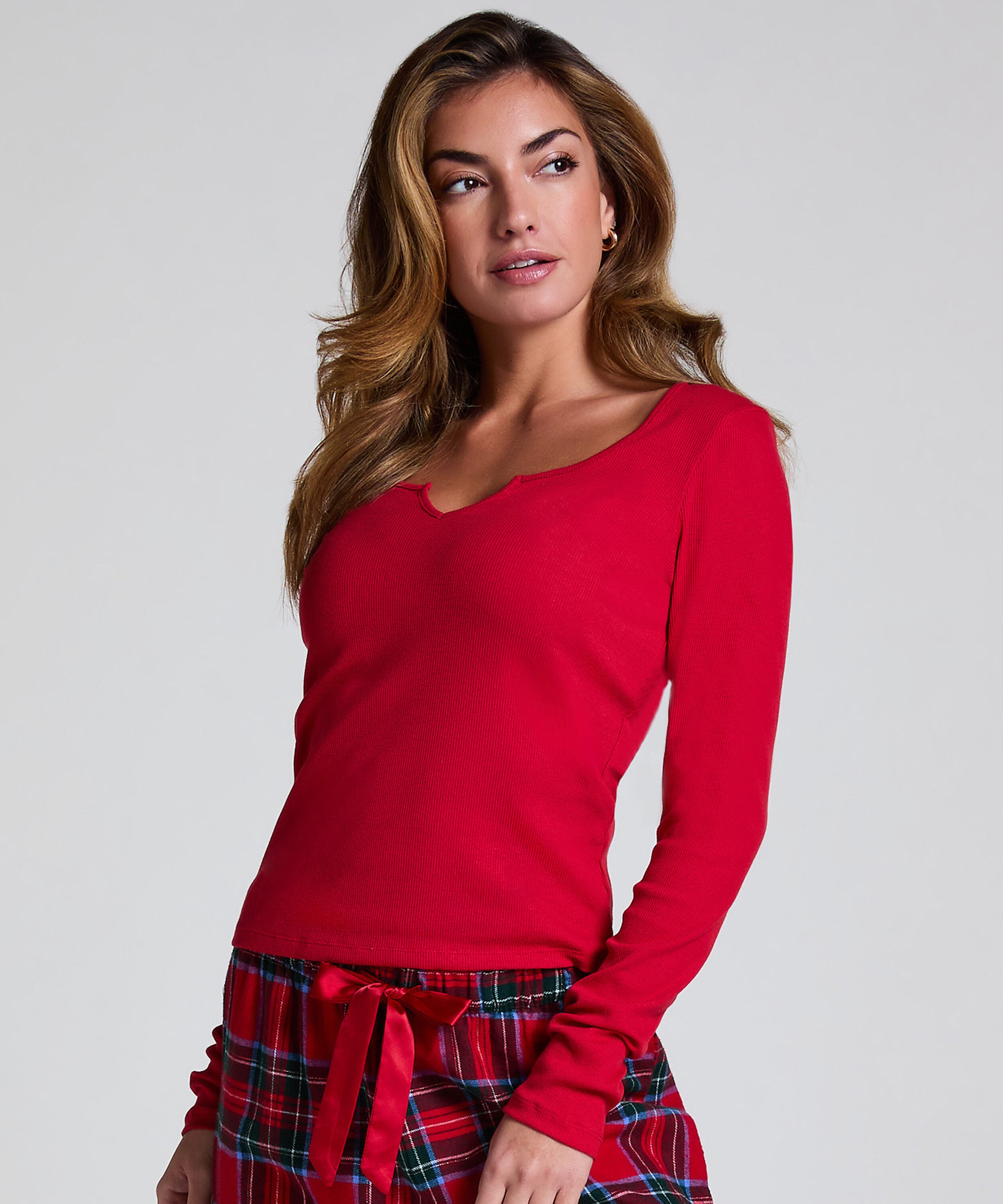 Top mit V-Ausschnitt, Longsleeve, Rot