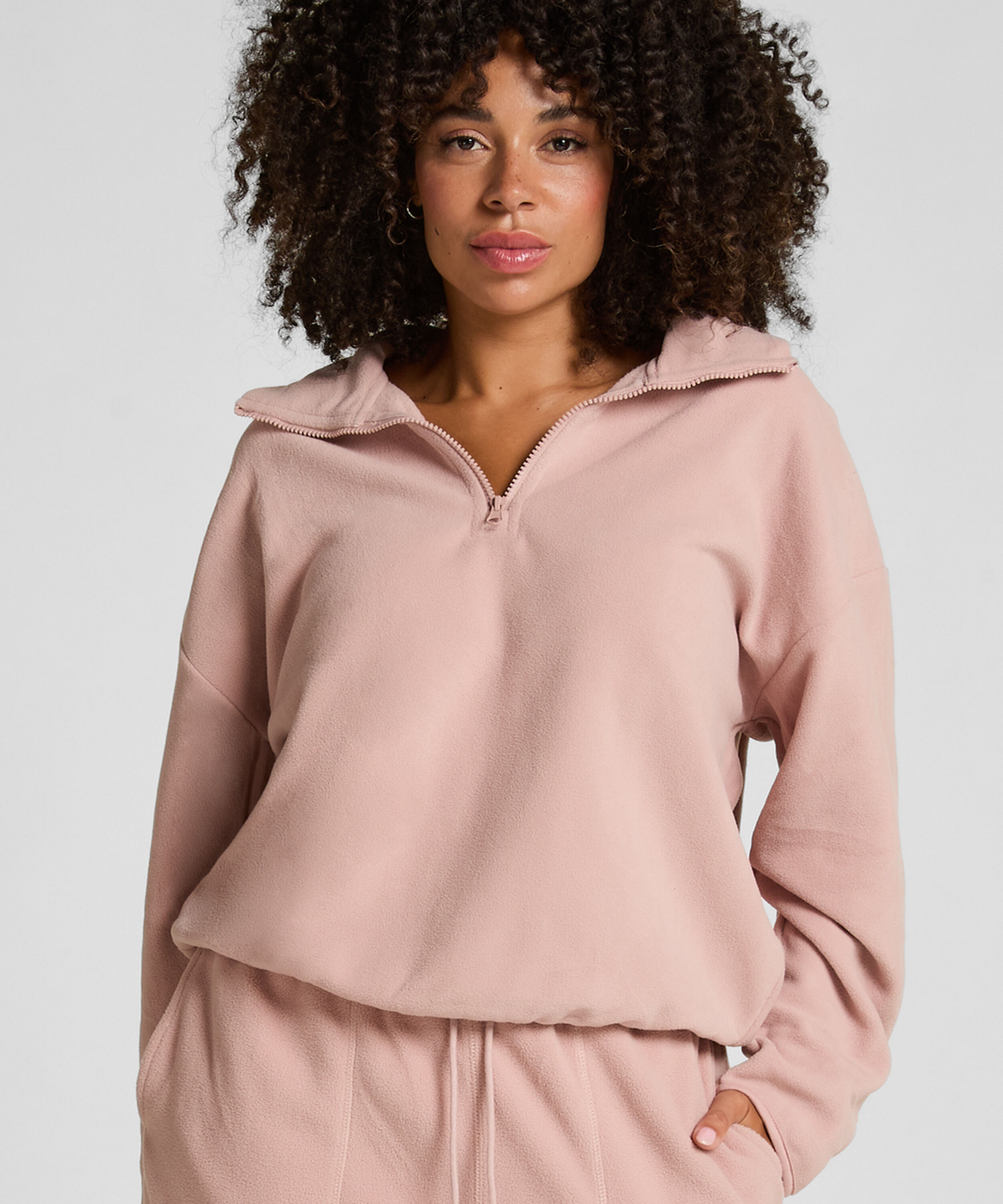 Sportliches Top aus Fleece mit halbem Reißverschluss, Rosa