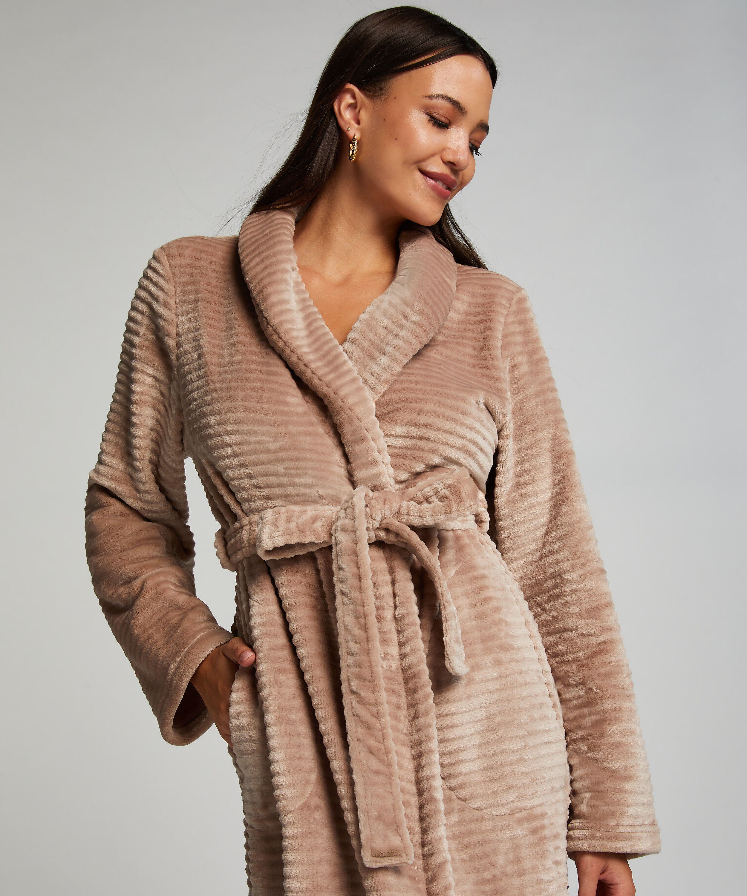 Langer Bademantel Fleece Rip, Beige