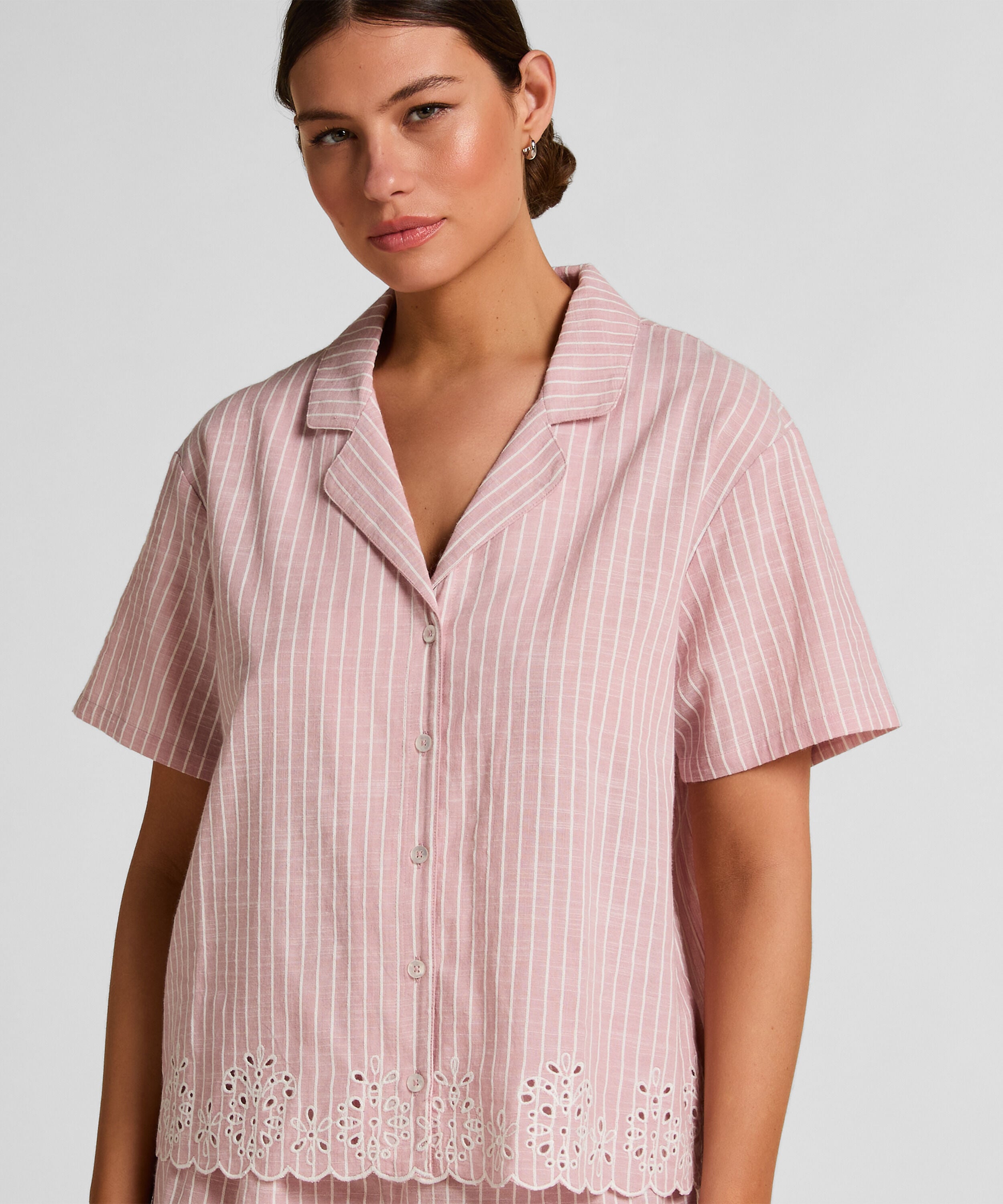 Gestreiftes Pyjama-Oberteil aus Baumwolle, Rosa Gestreiftes Pyjama-Oberteil aus Baumwolle, Rosa