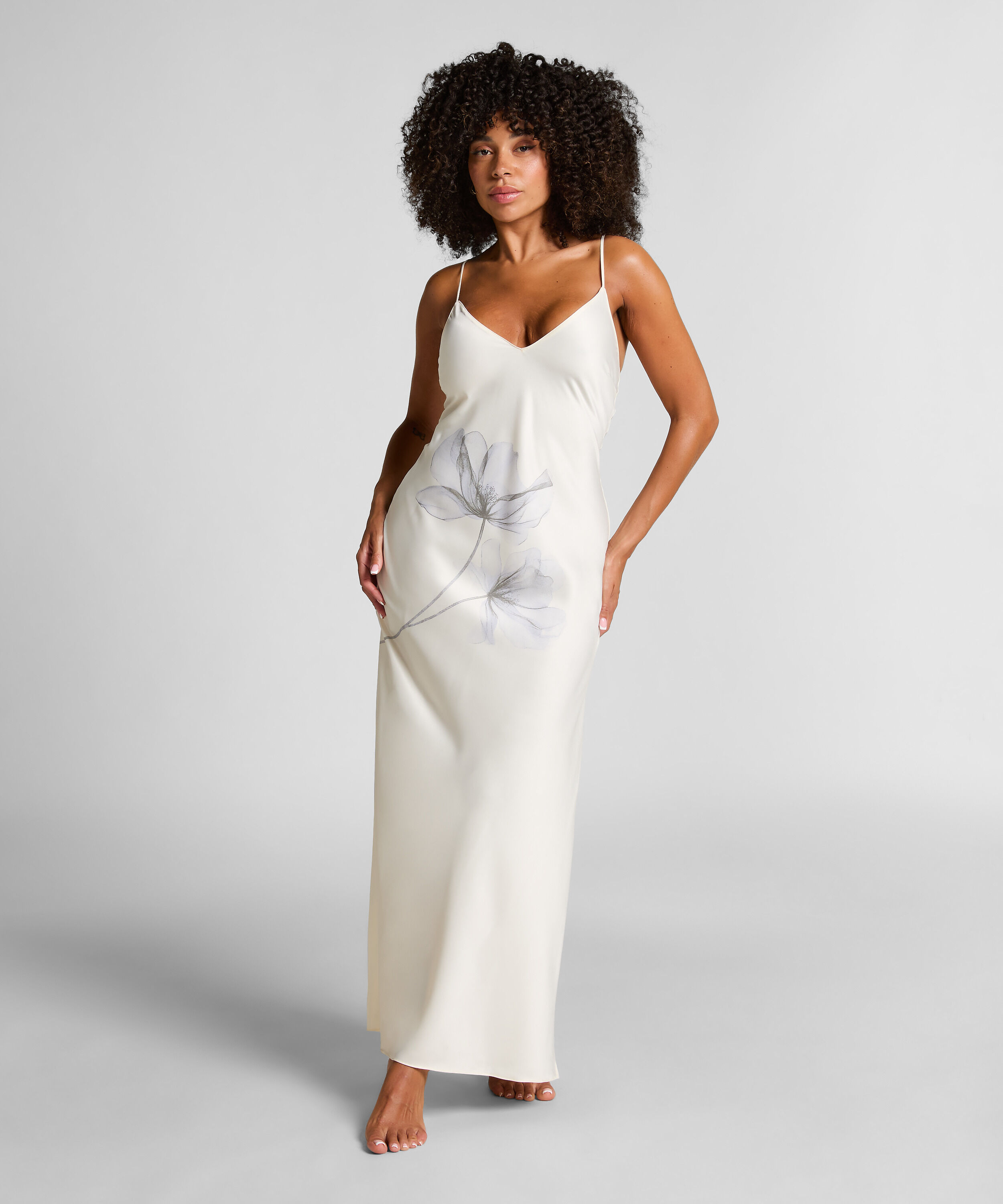 Slipdress Lang Satin Floral, Weiß Slipdress Lang Satin Floral, Weiß