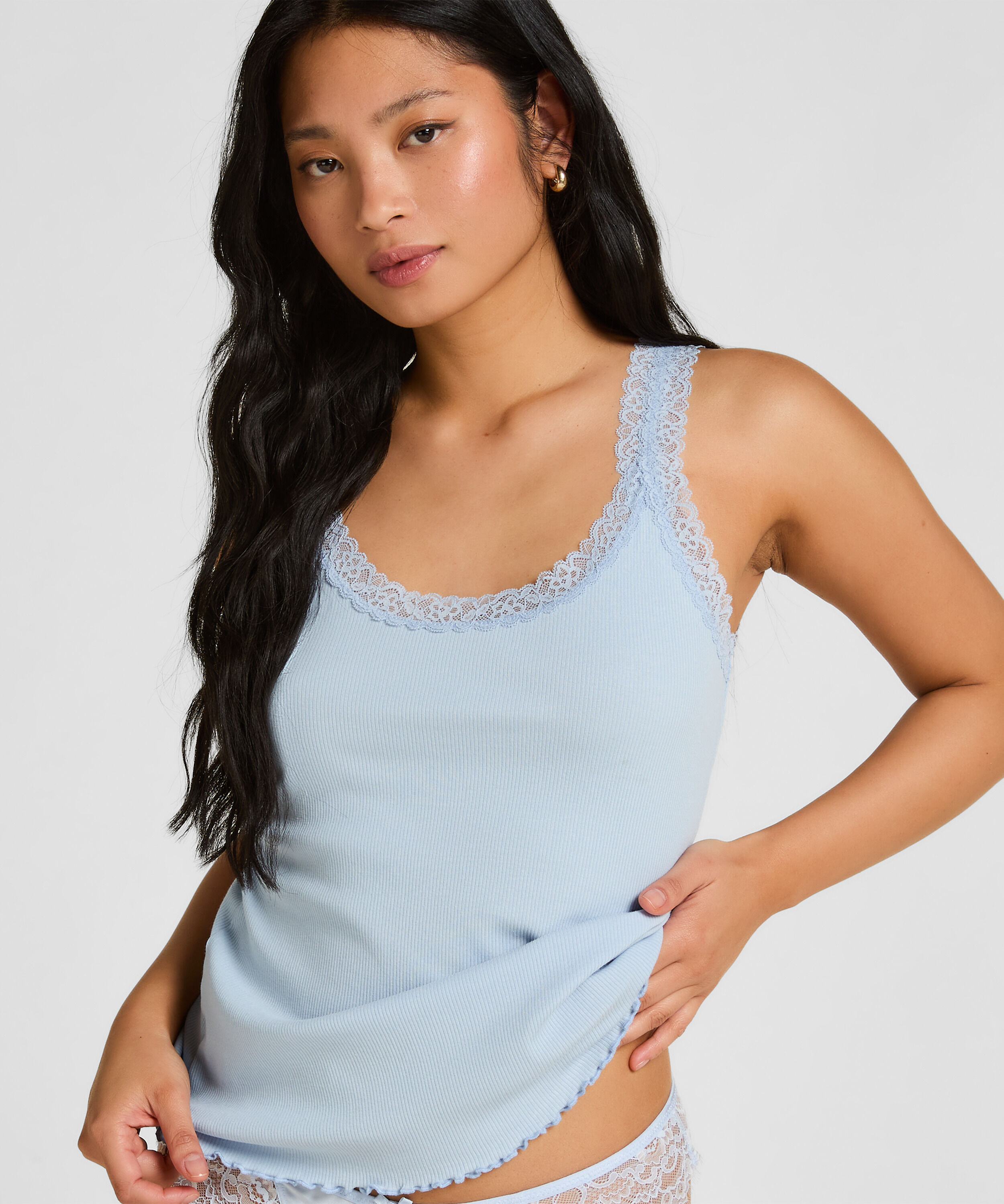 Rippjersey-Top mit Spitze, Blau
