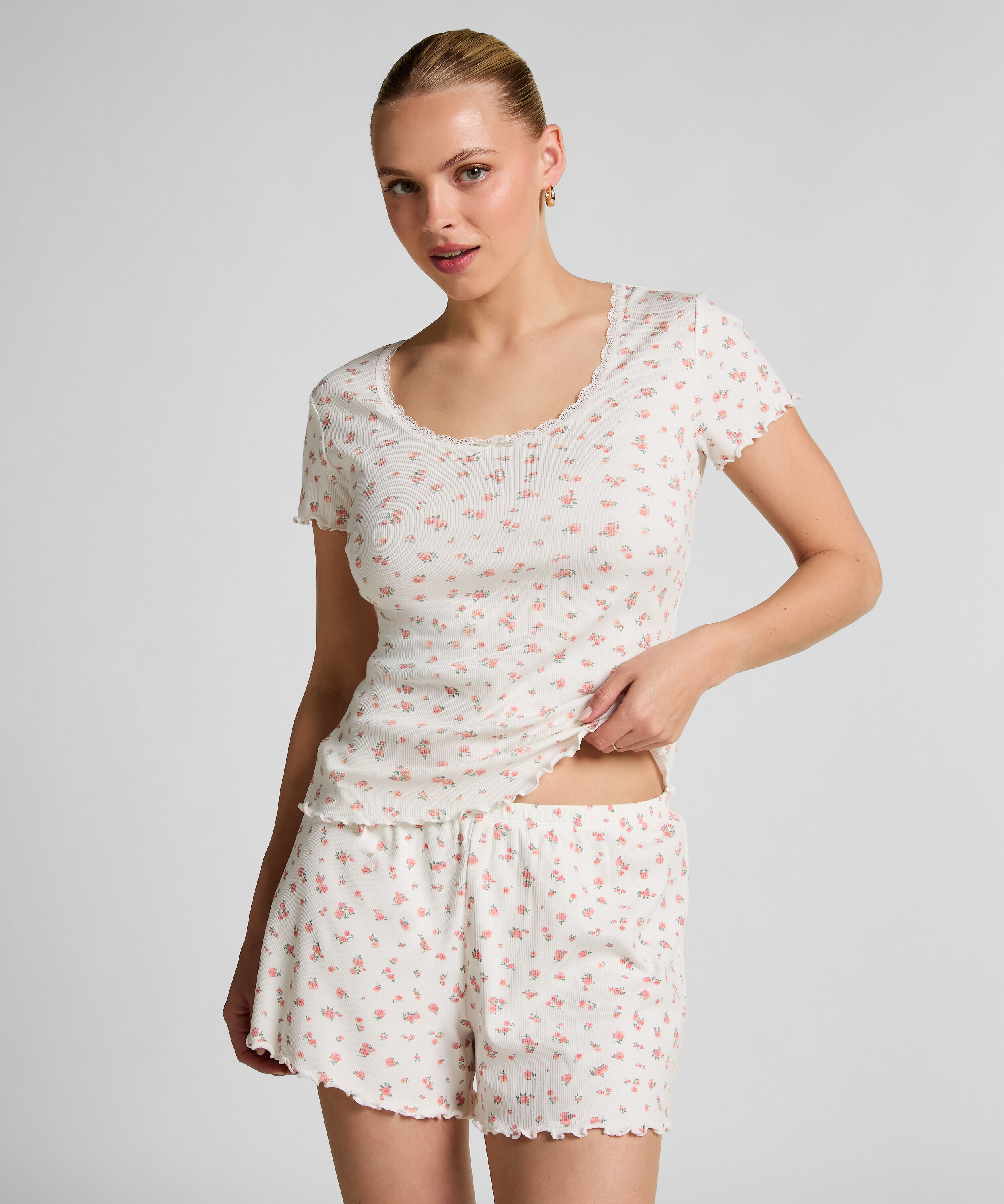 Gerippte Pyjamashorts, Weiß