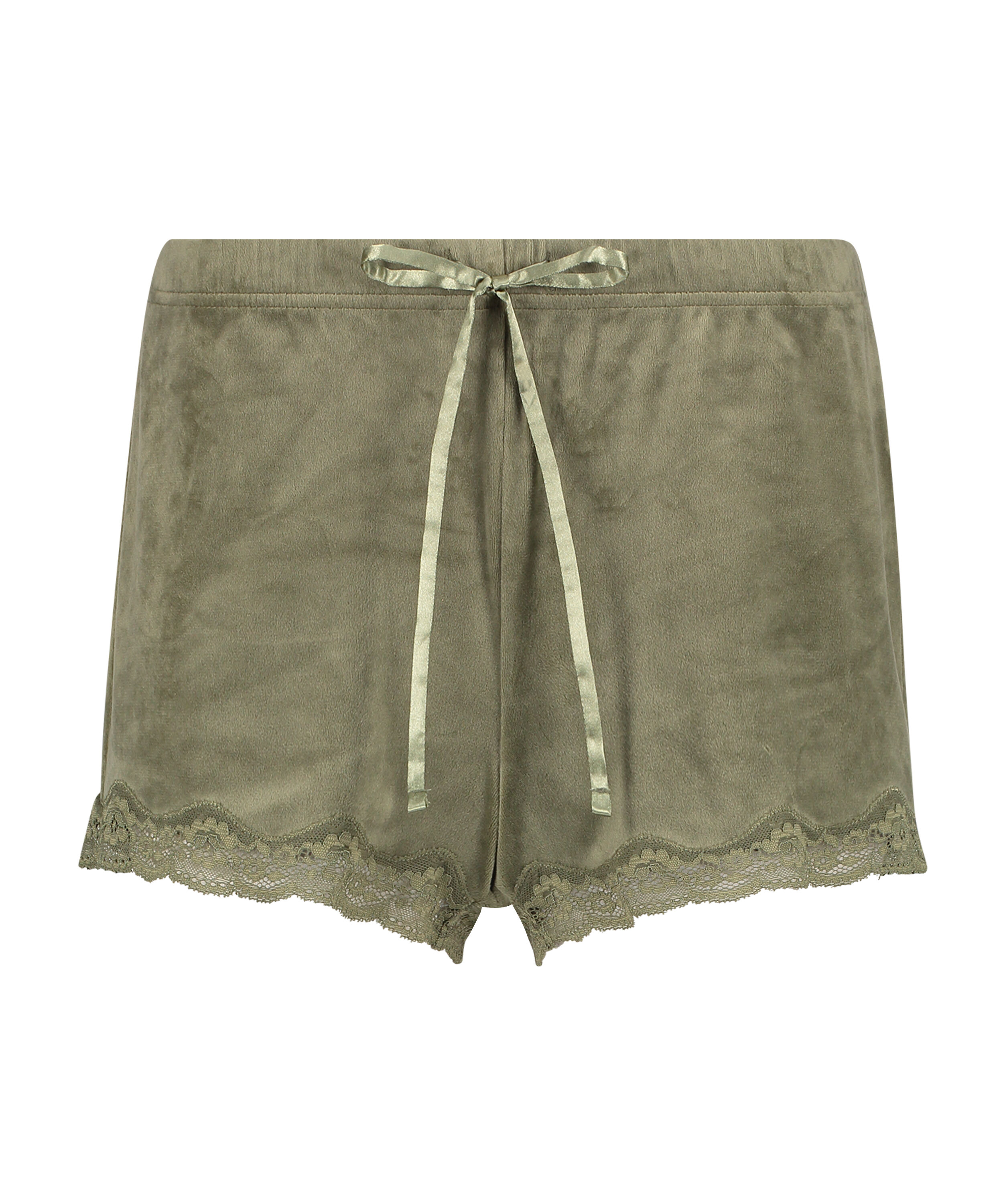 Shorts aus Velours mit Spitze, gr&uuml;n