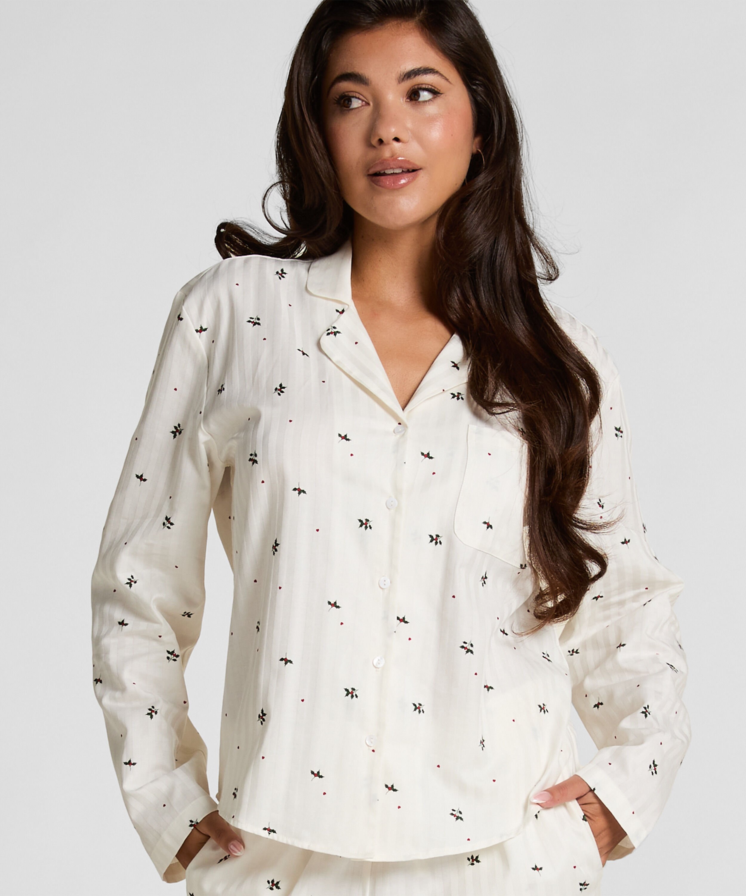 Jacquard Pyjama-Oberteil und Langarm, Weiß Jacquard Pyjama-Oberteil und Langarm, Weiß