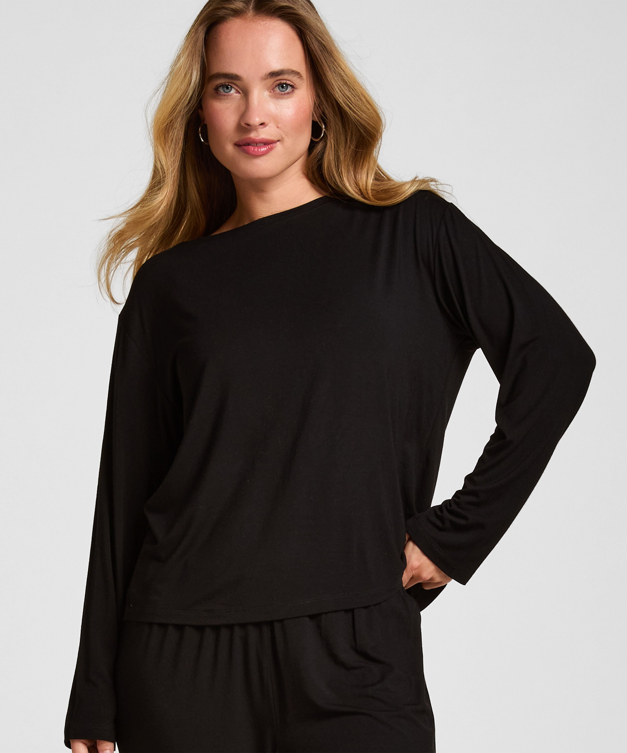 Schlafshirt Langarm Jersey, Schwarz
