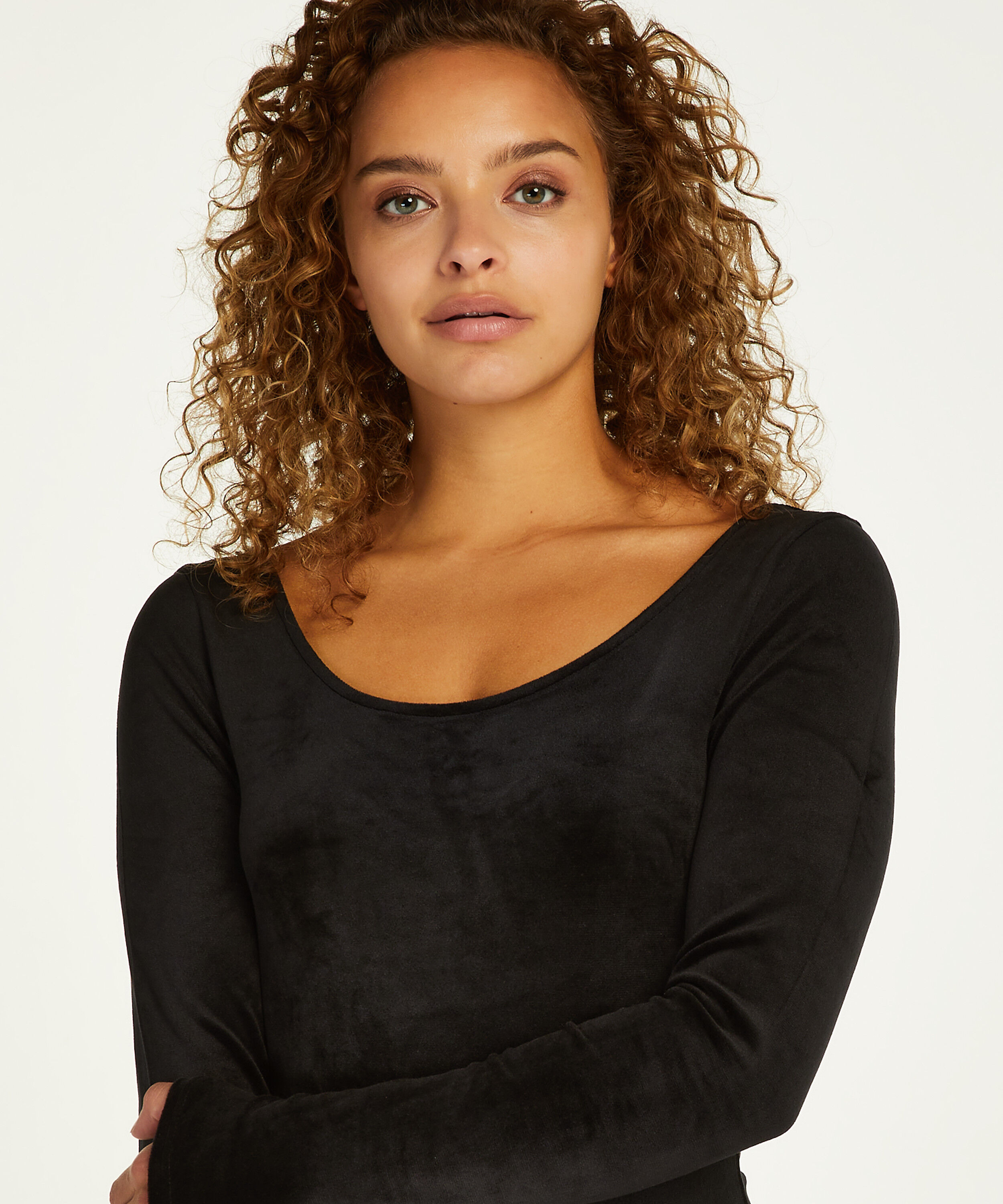 Langärmeliger Body Velours, Schwarz