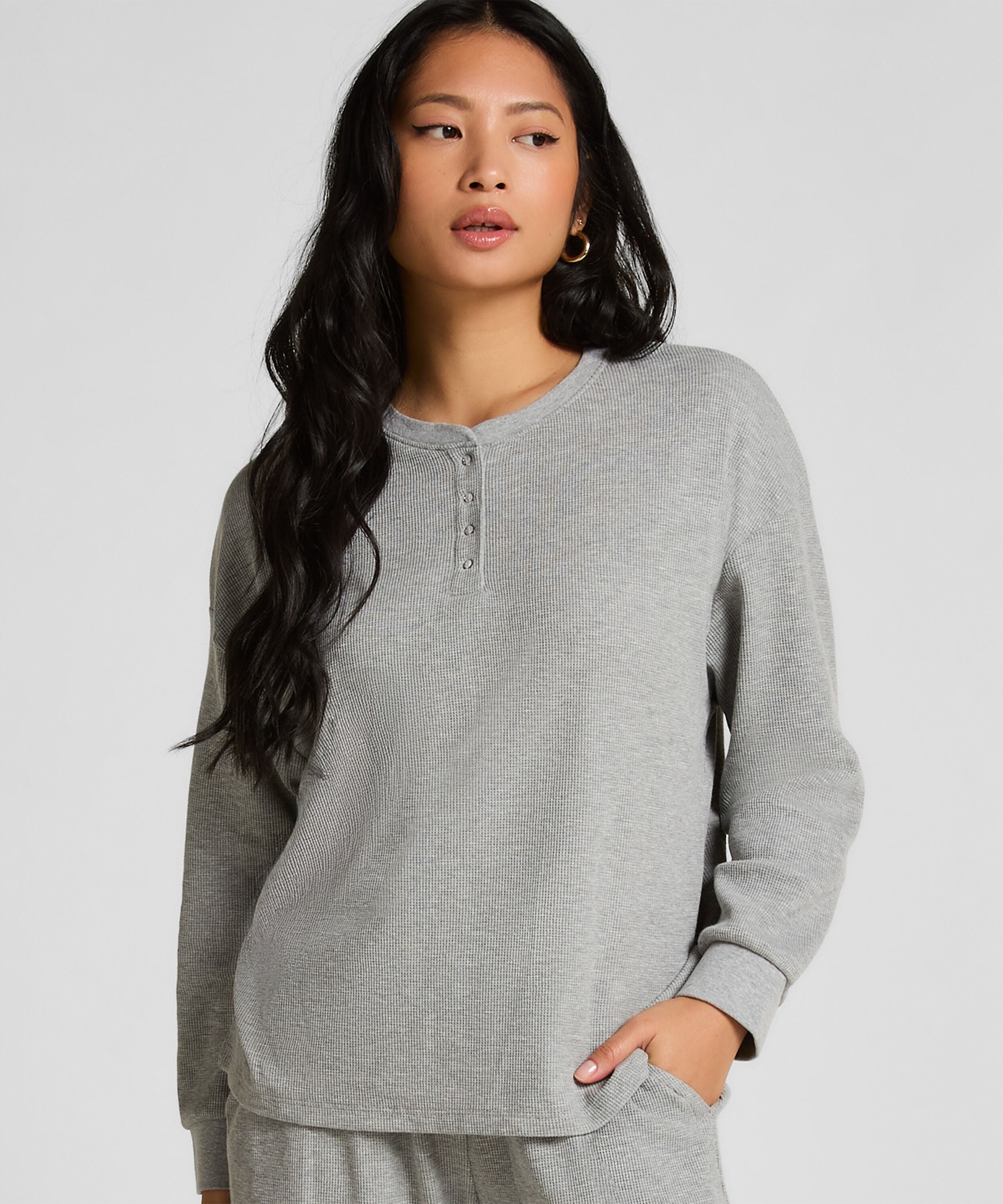 Top Waffelstrick Henley, Grau