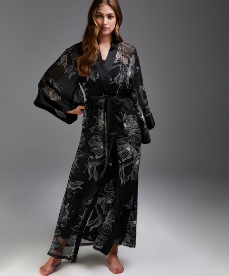 Kimono langer Chiffon-Lotus, Schwarz
