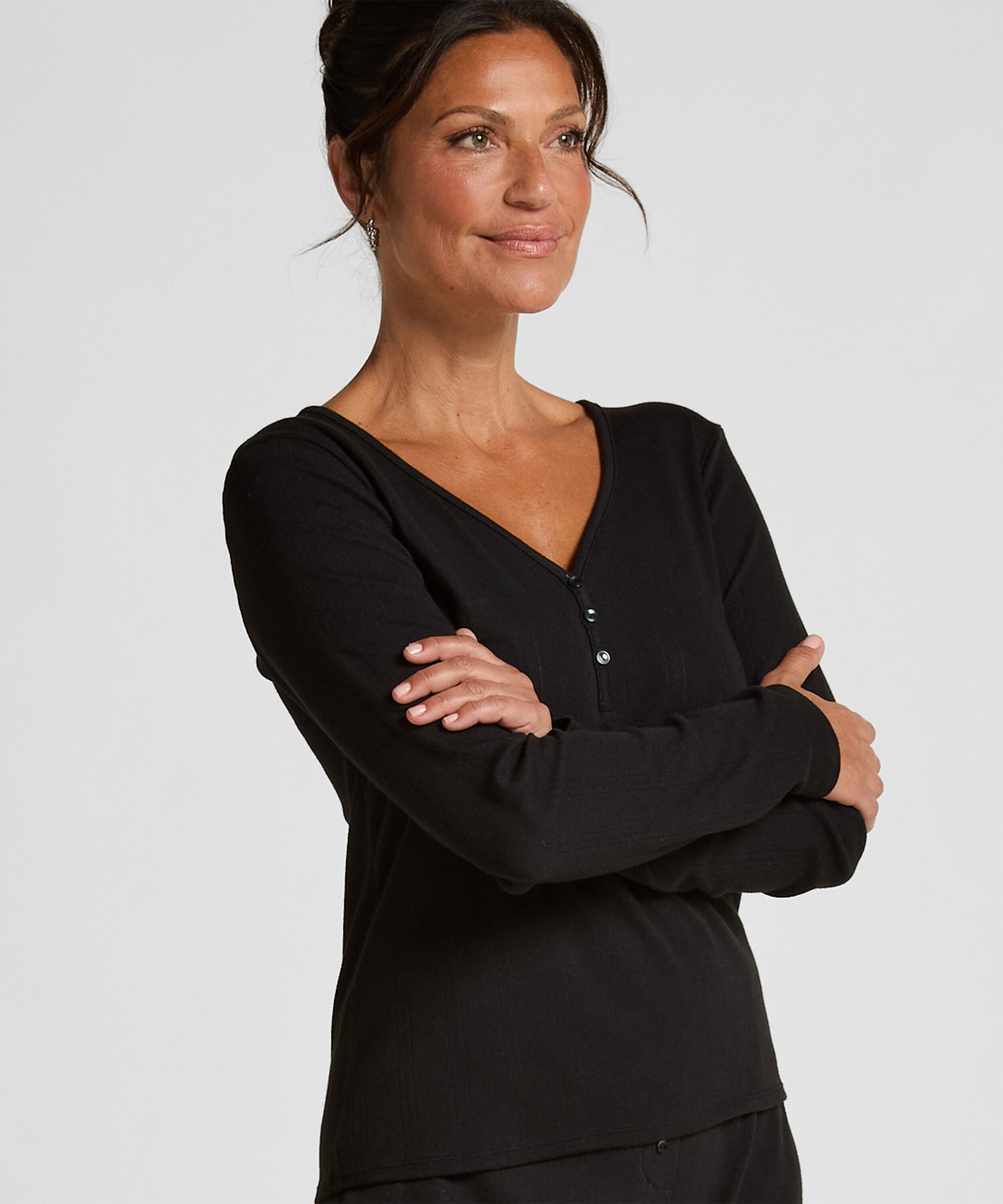 Henley-Pyjamatop mit langen Ärmeln, Schwarz Henley-Pyjamatop mit langen Ärmeln, Schwarz