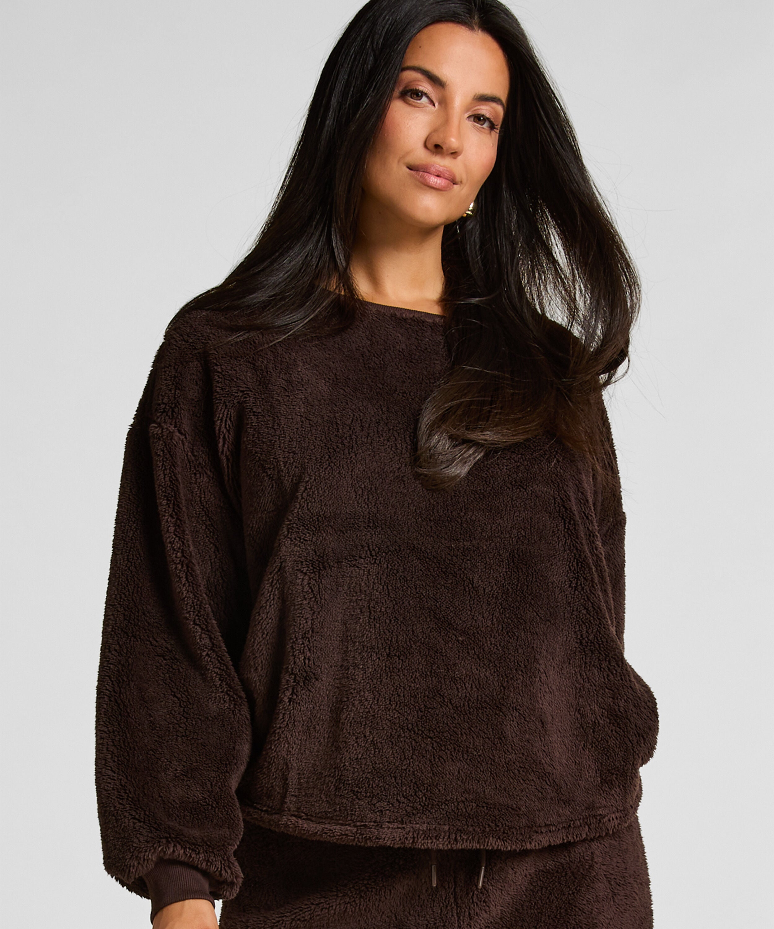 Langärmeliges Fluffy-Fleece-Top, Braun