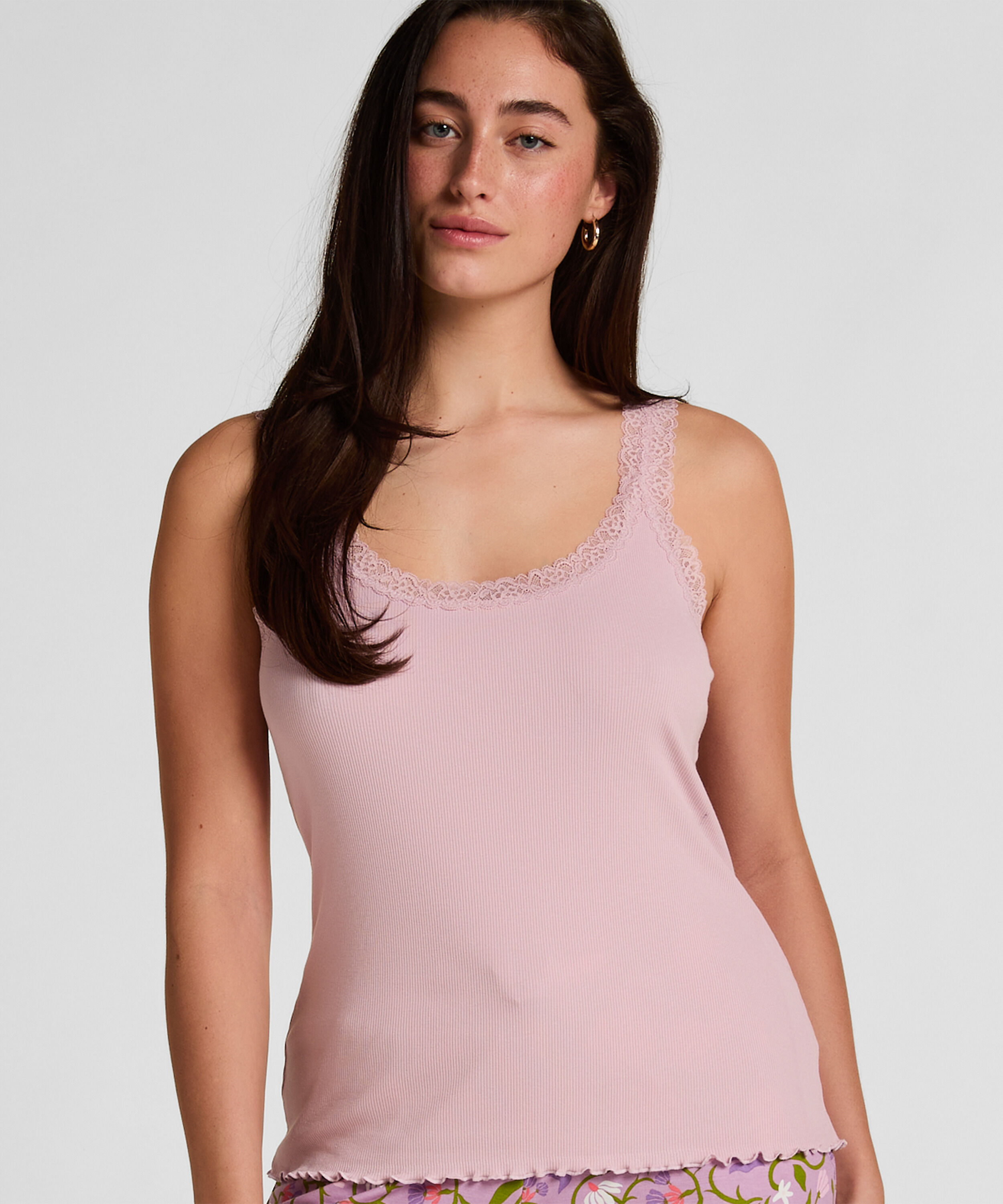 Rippjersey-Top mit Spitze, Rosa