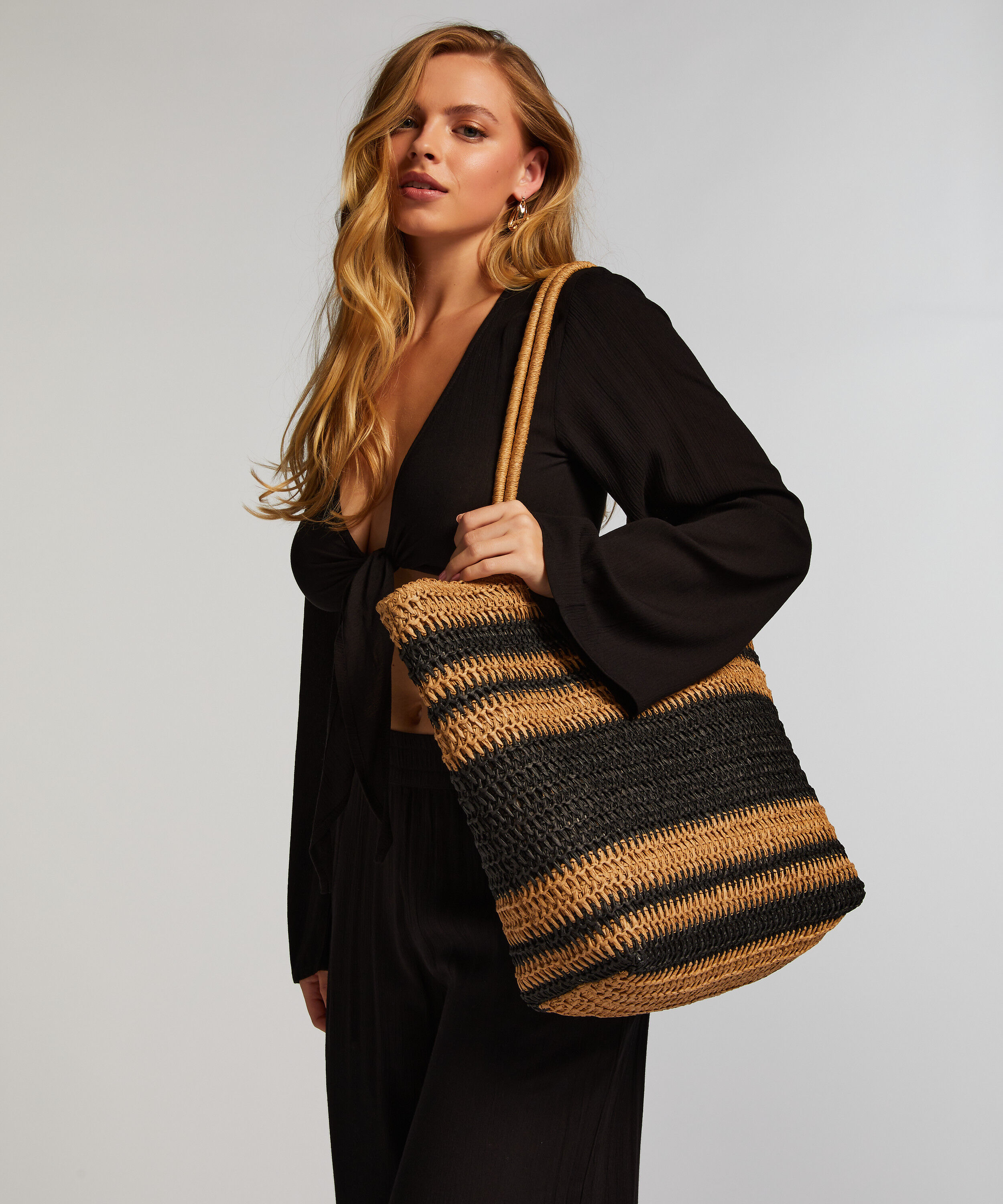 Gestreifte Strandtasche, Schwarz Gestreifte Strandtasche, Schwarz