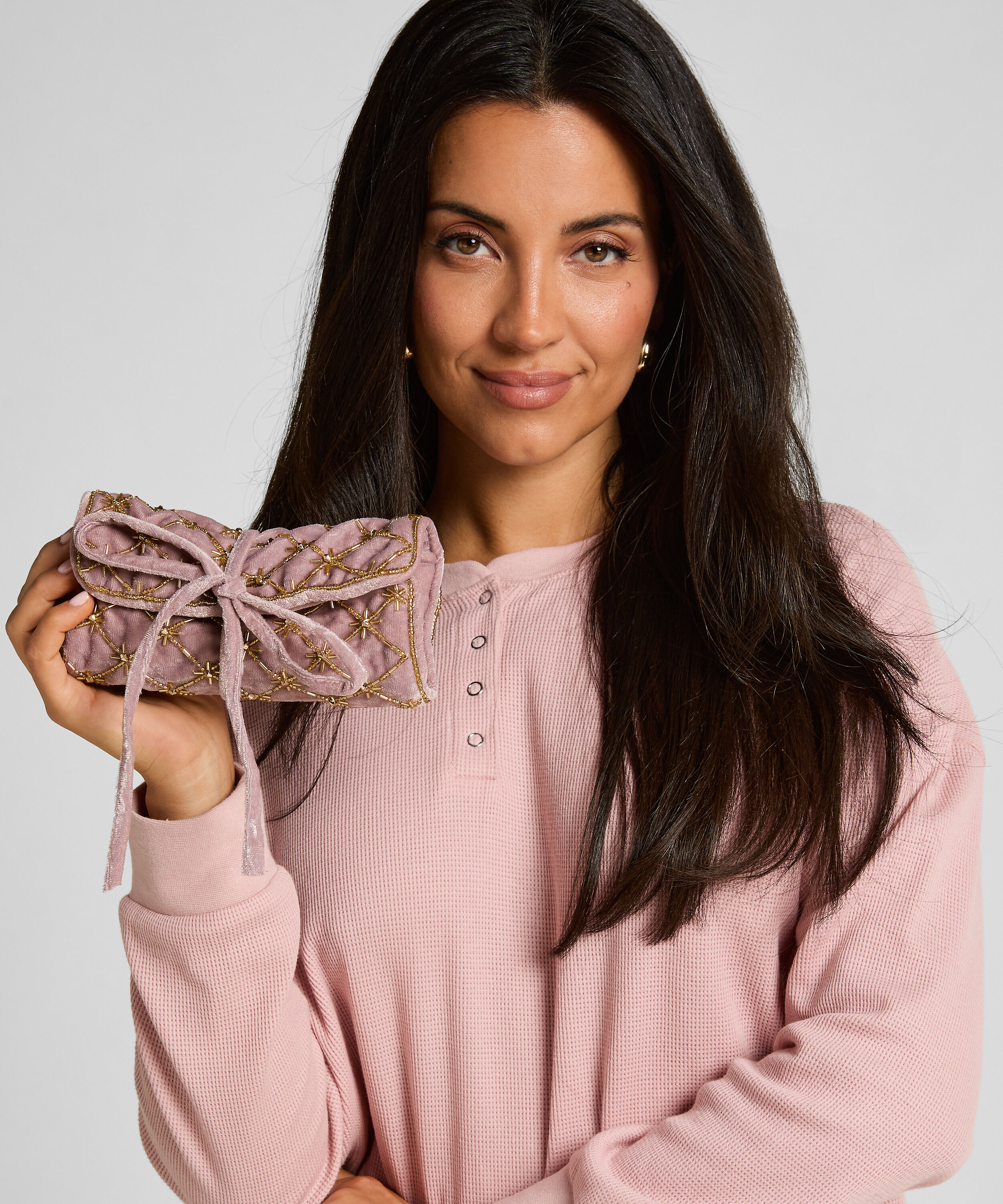 Perlenverziertes Schmuck-Wickeletui, Rosa