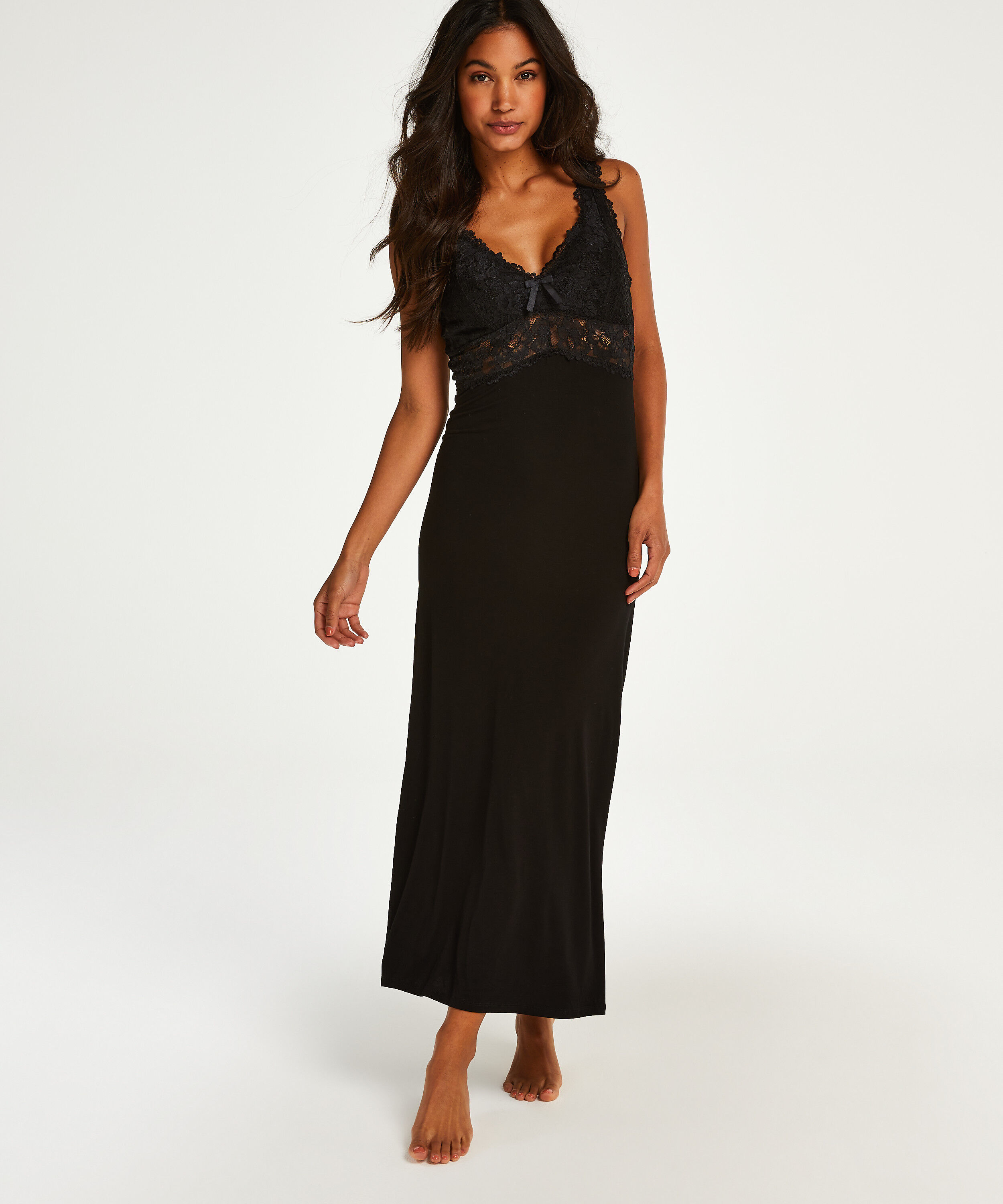 Langes Slipdress, Modal Lace, Schwarz Langes Slipdress, Modal Lace, Schwarz