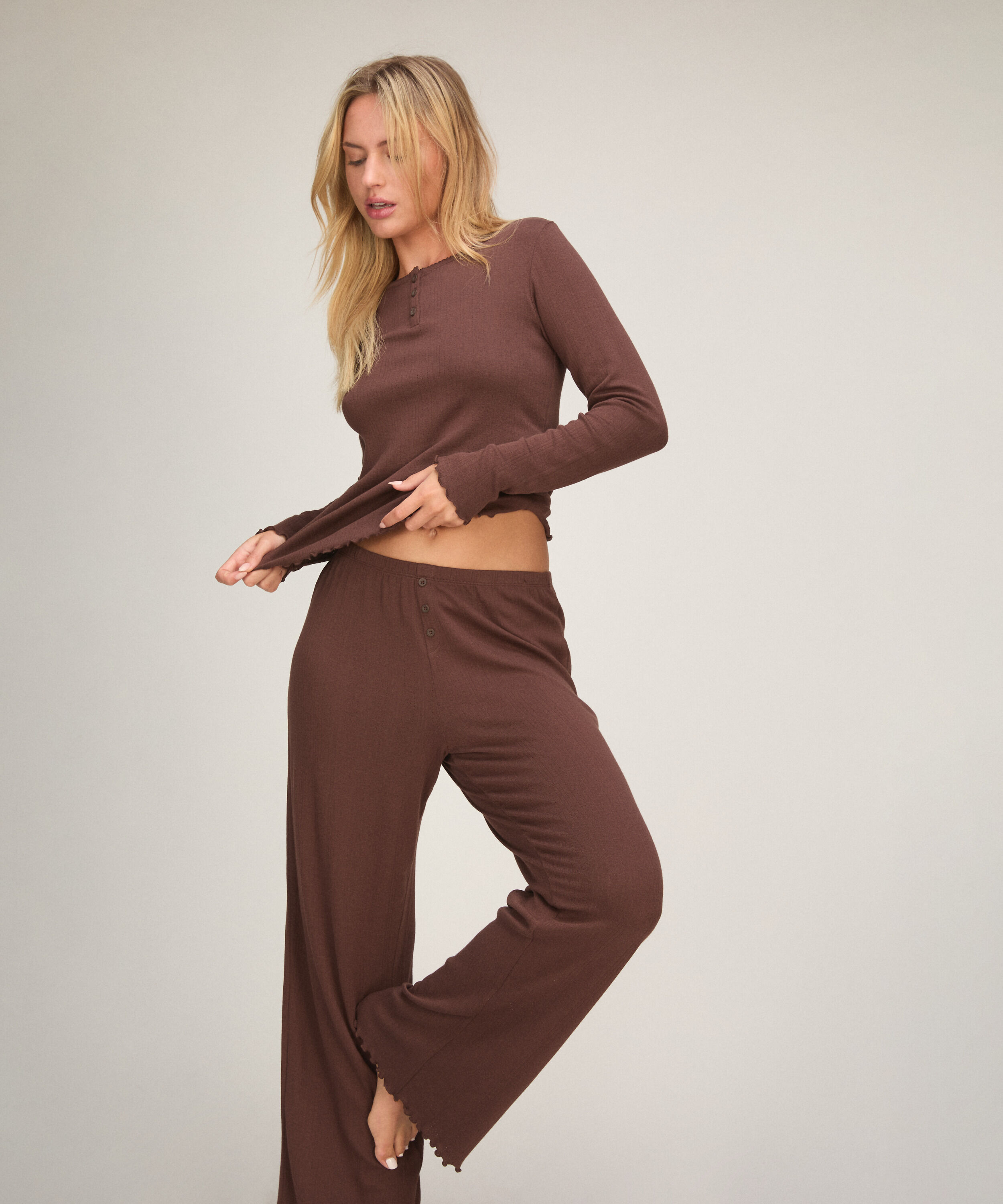 Pyjama-Hose Loose Pointelle, Braun