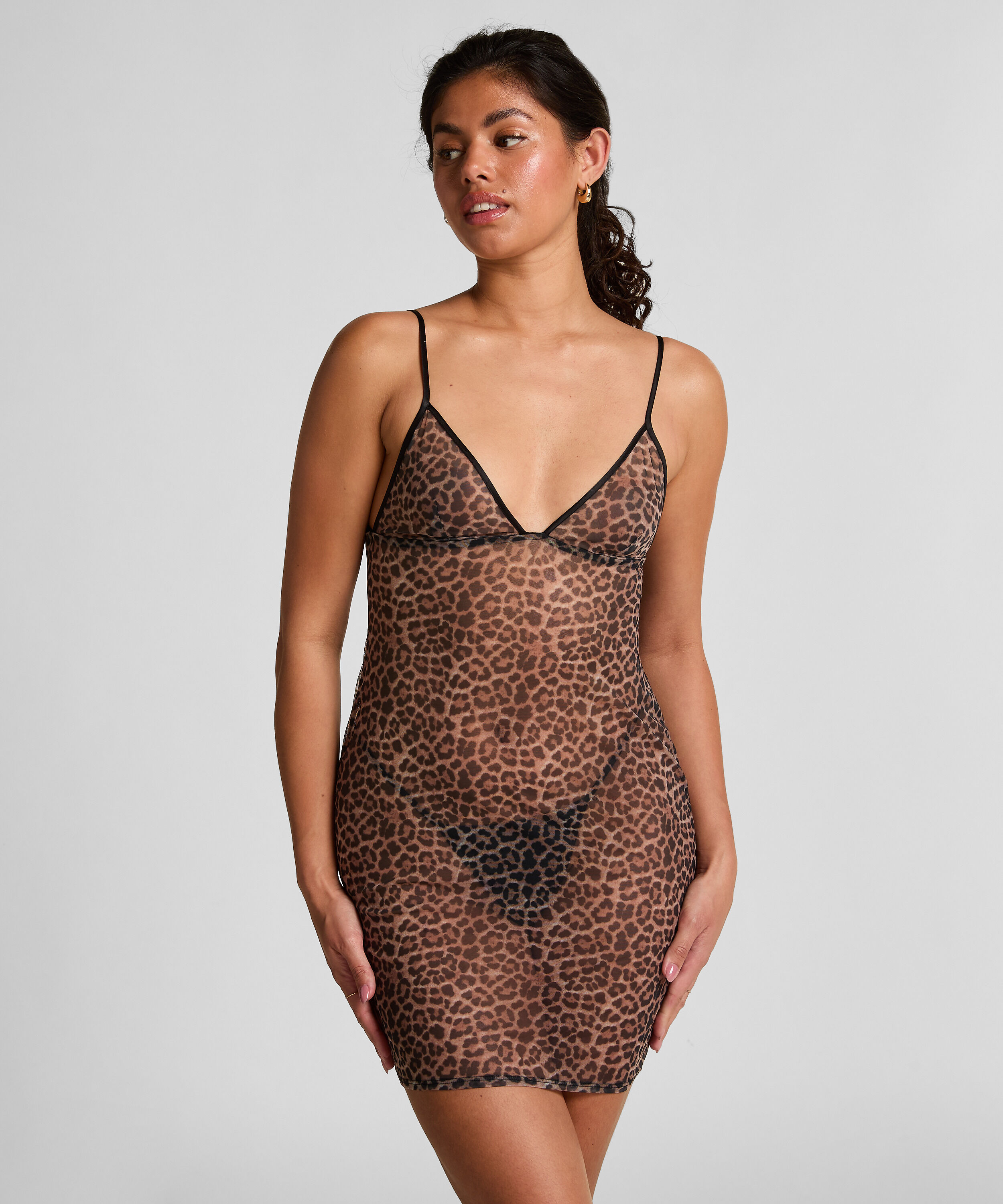 Leopard Mesh-Slipdress, Schwarz