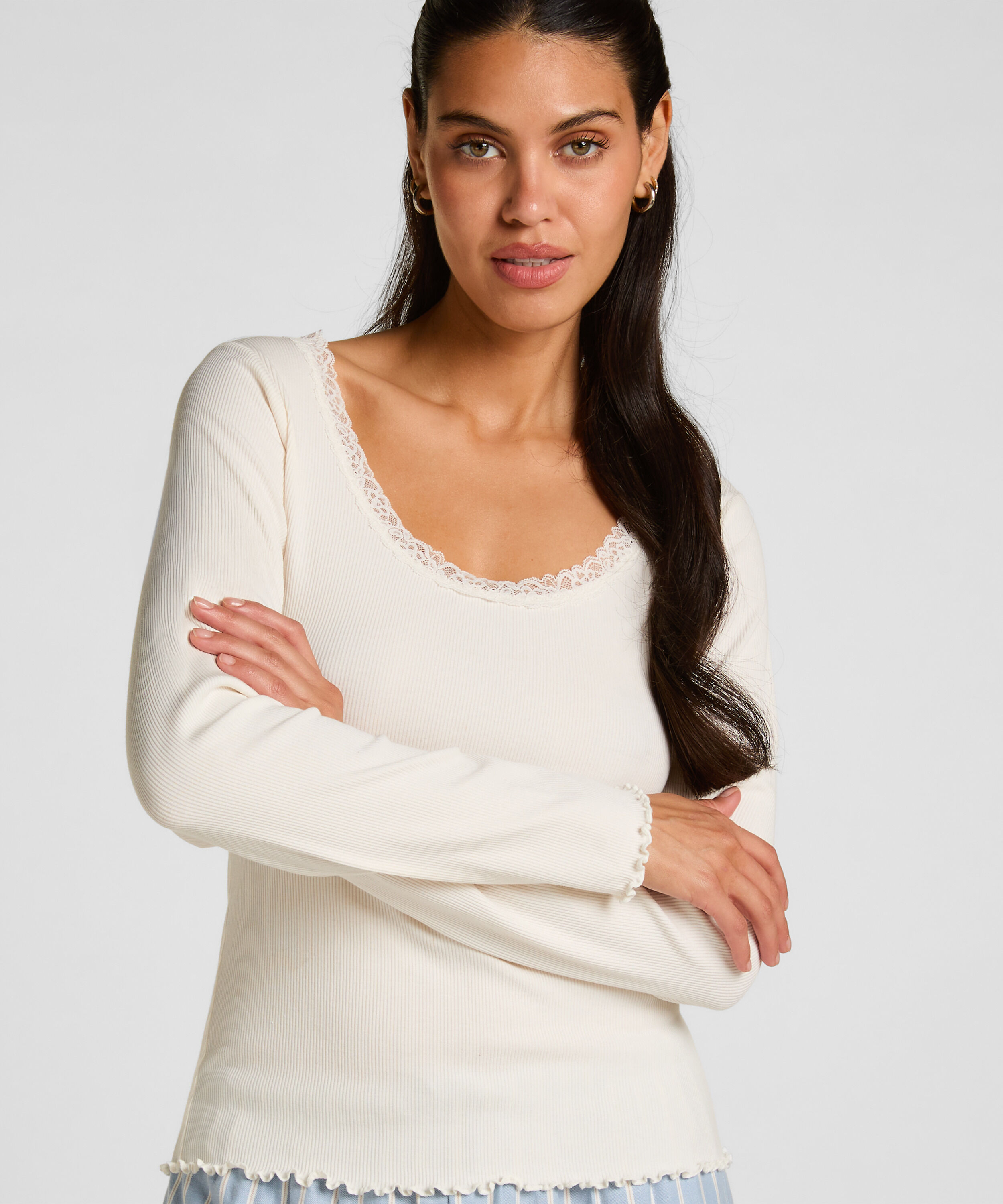 Jersey Top mit Spitze, Weiß Jersey Top mit Spitze, Weiß