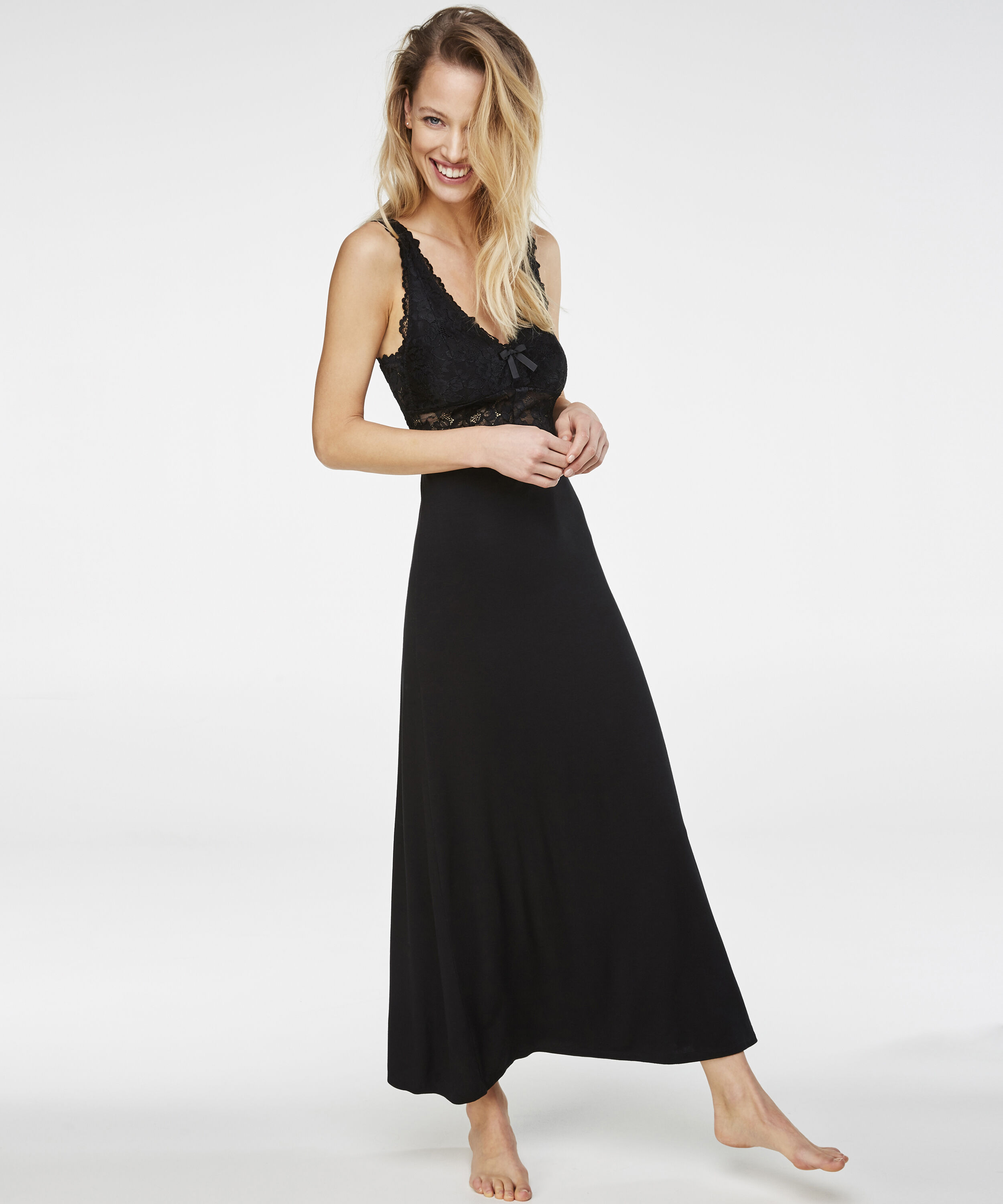 Langes Slipdress, Modal Lace, Schwarz