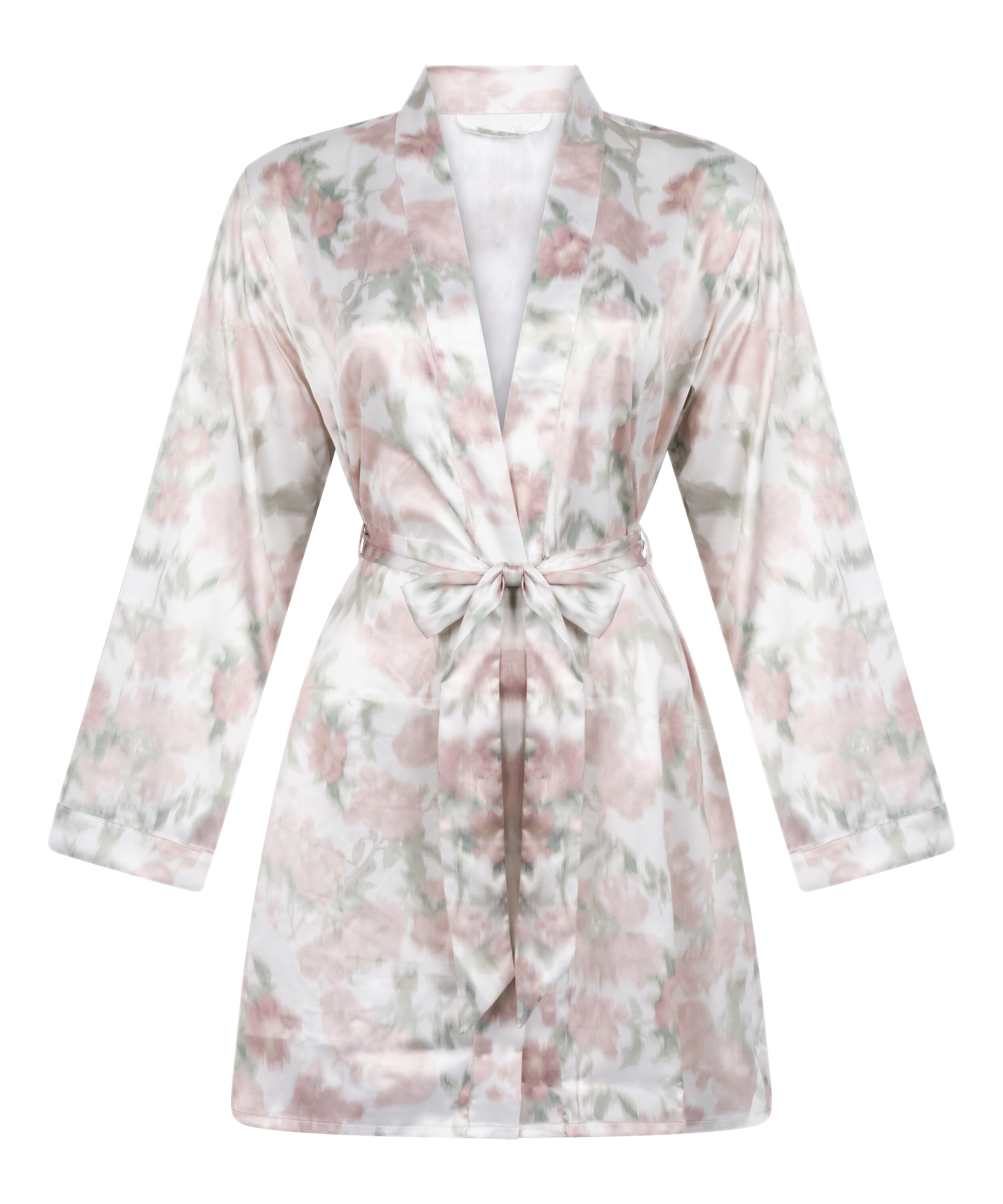 Satin-Kimono mit Blumenmuster, Weiß