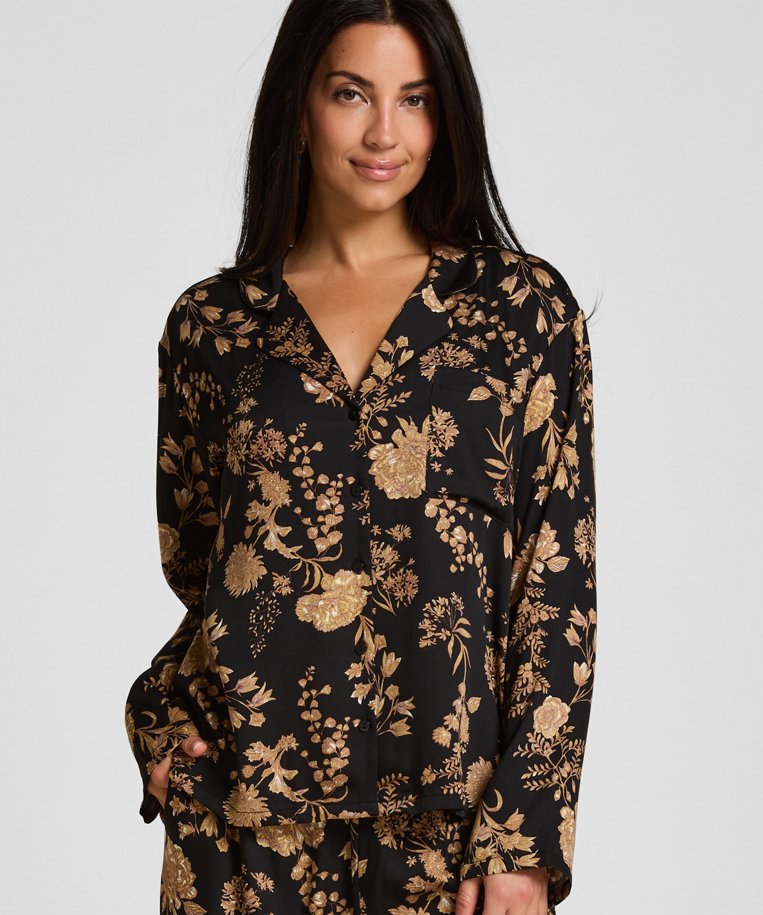 Pyjama Jacke Woven Print, Schwarz