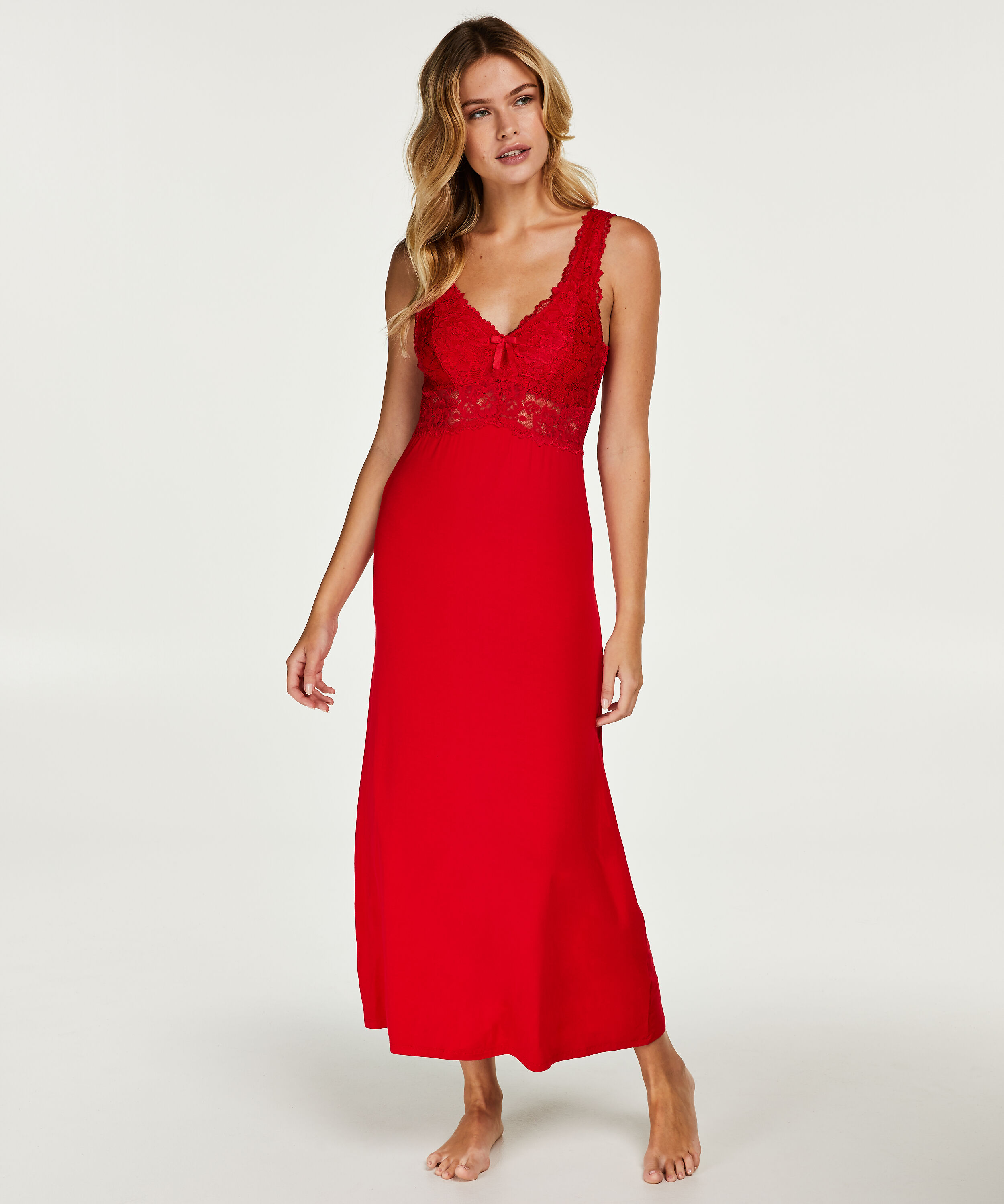 Langes Slipdress, Modal Lace, Rot