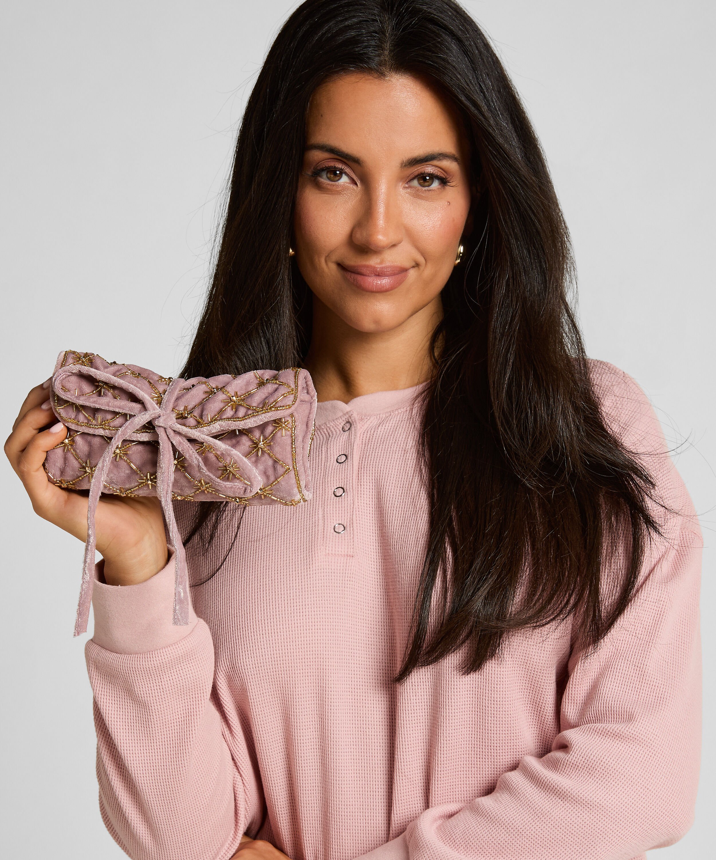 Perlenverziertes Schmuck-Wickeletui, Rosa