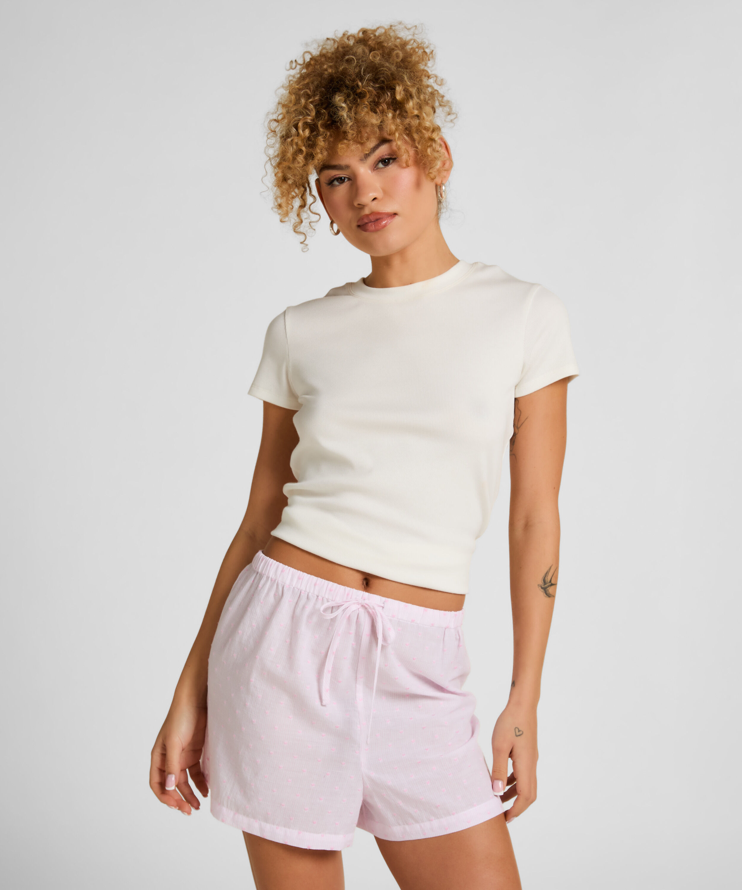 Heart Pyjama Shorts - Gestreift aus Baumwolle, Rosa