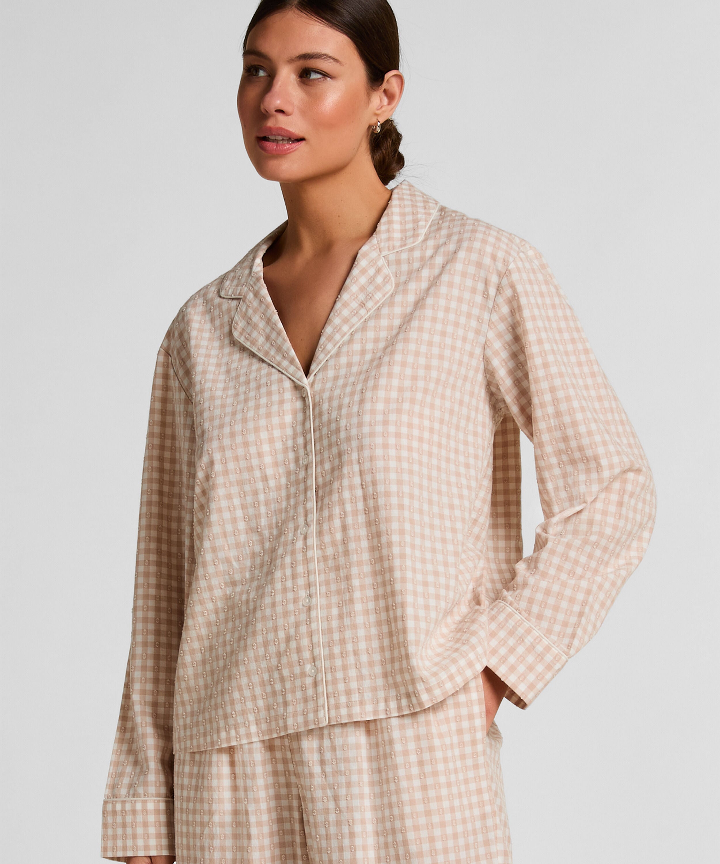 Dobby Pyjama-Jacke aus Gewebter Baumwolle, Beige