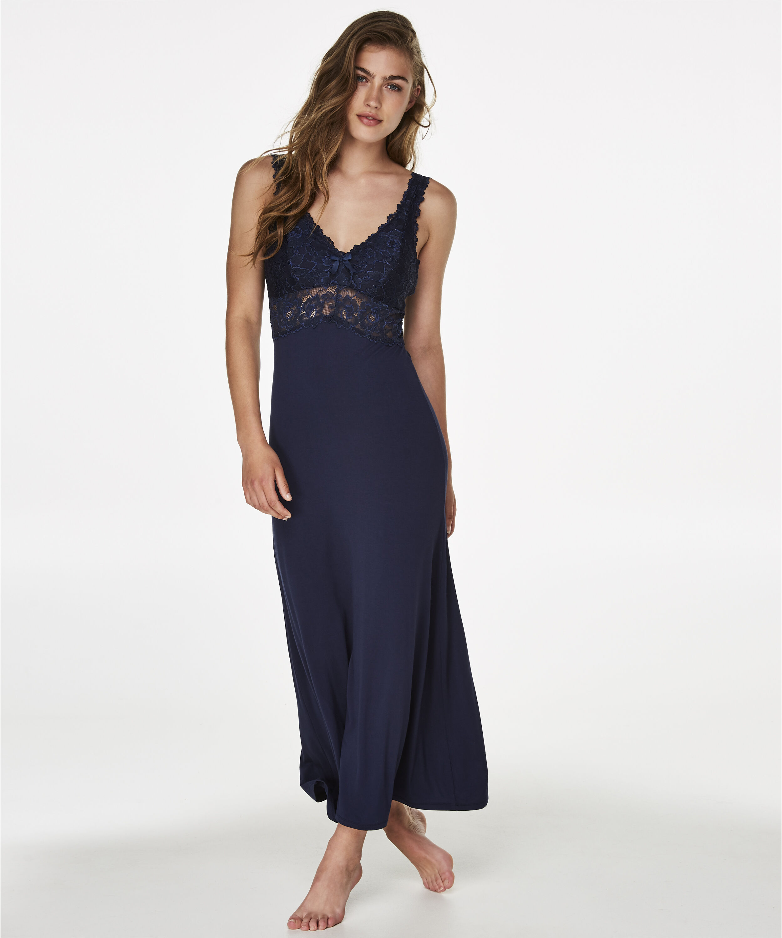 Langes Slipdress, Modal Lace, Blau