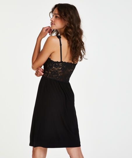 Slipdress Modal Lace mit Spitze, Schwarz