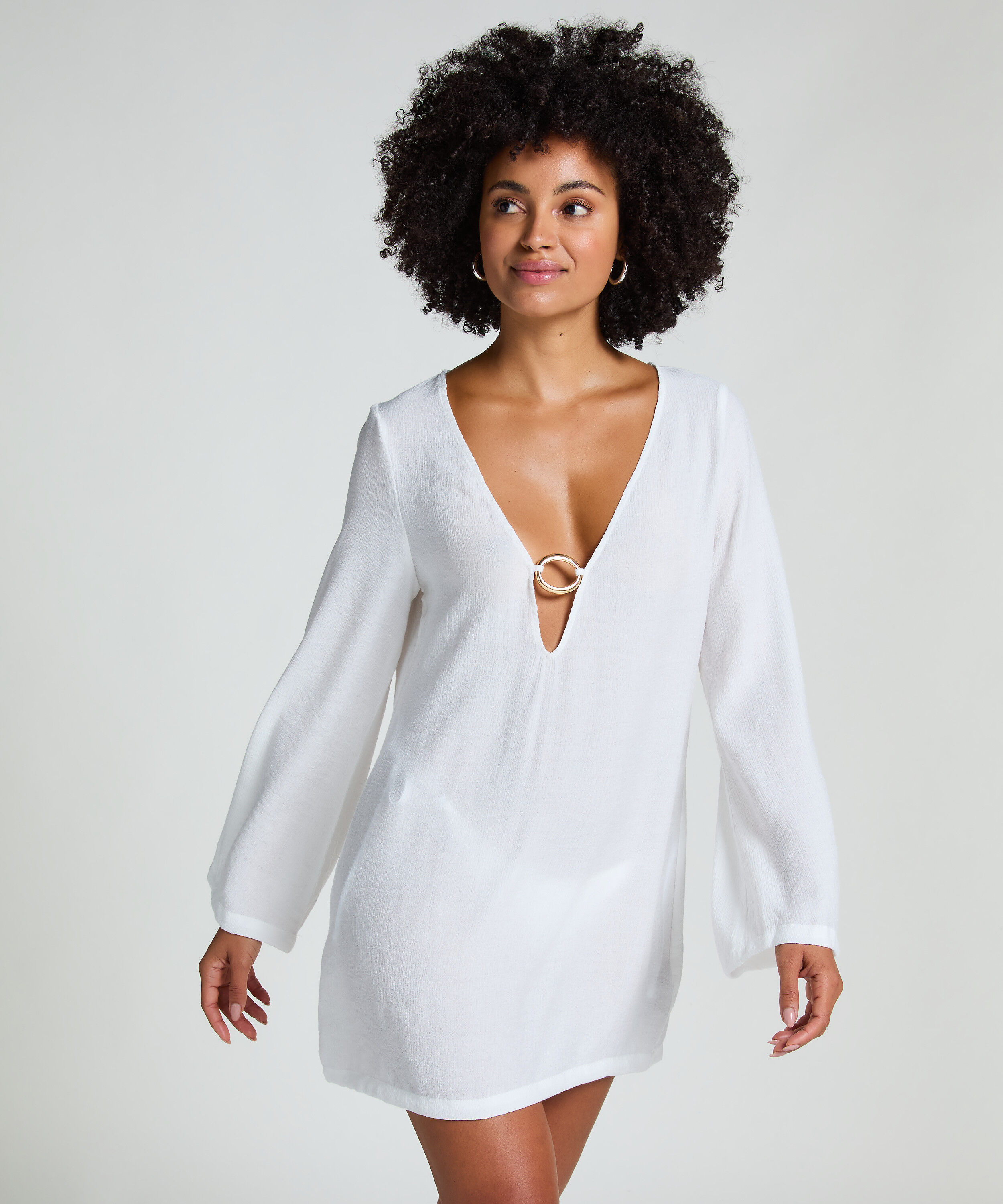 Langärmeliges Ringelkleid für den Strand, Weiß