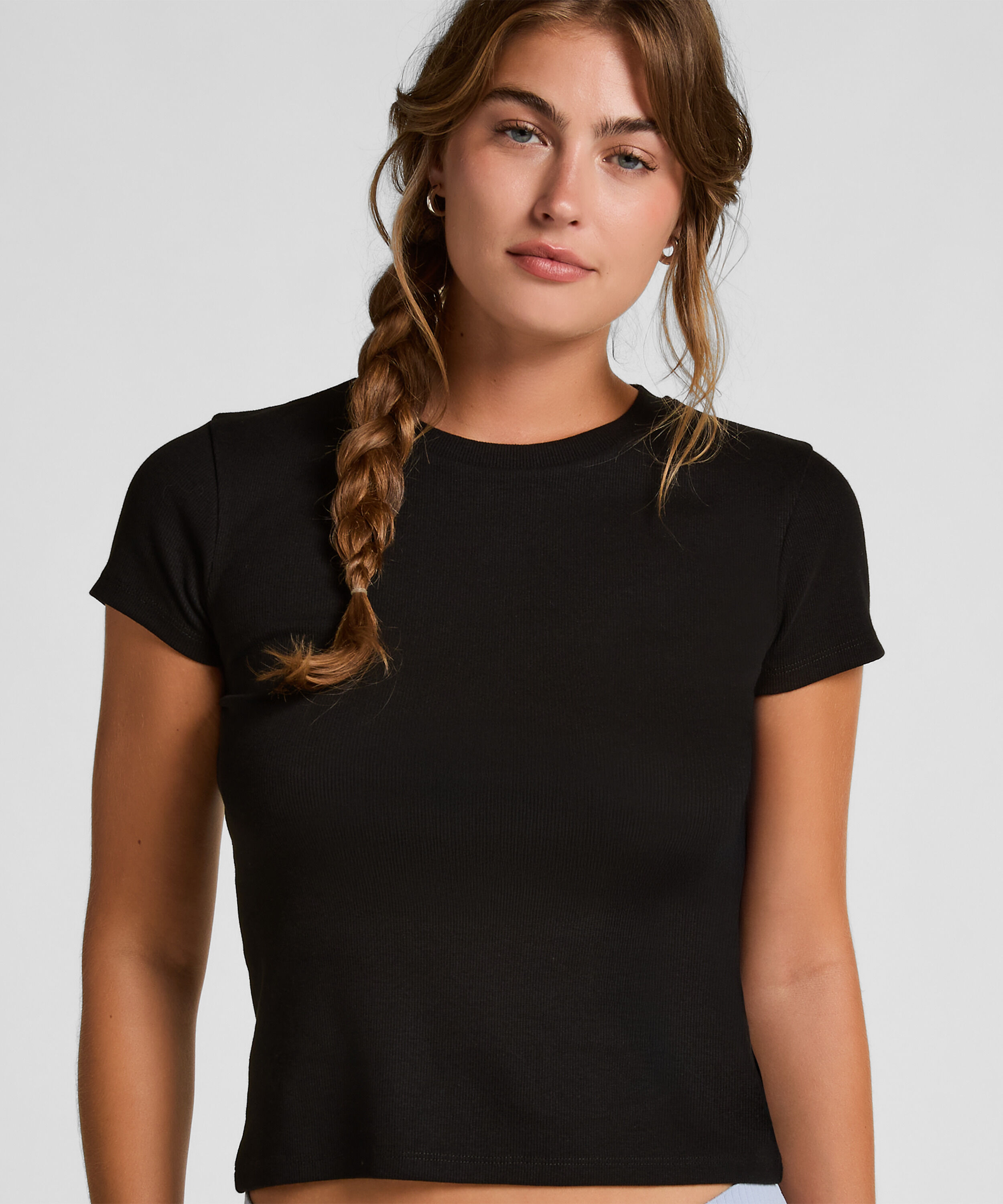 Pyjamatop Rib Crew Neck, Schwarz