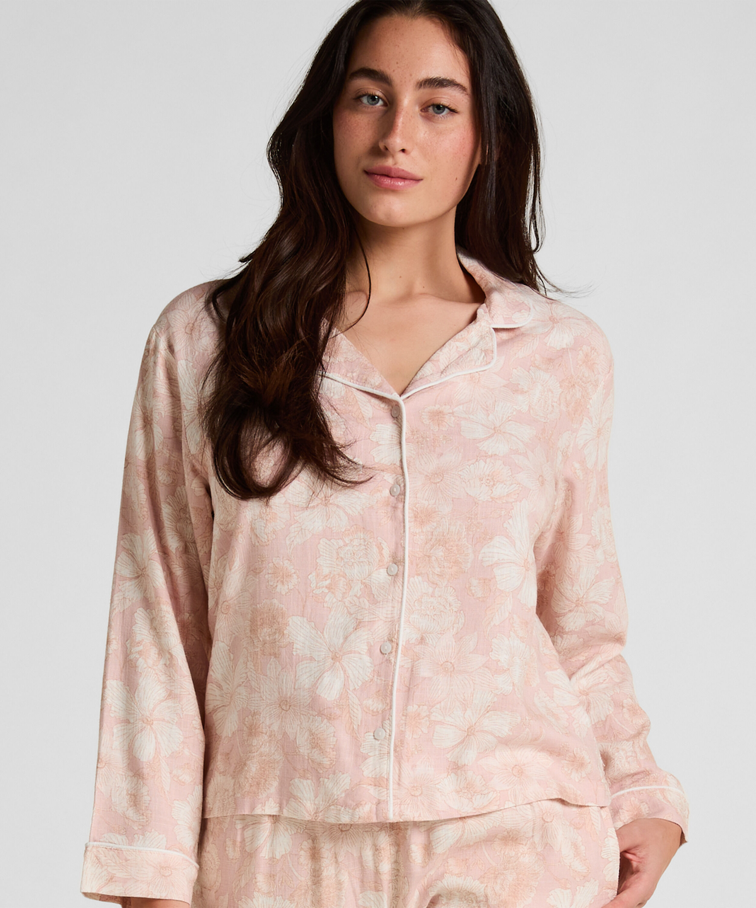 Leinen-Pyjamajacke mit Blumenmuster, Rosa Leinen-Pyjamajacke mit Blumenmuster, Rosa