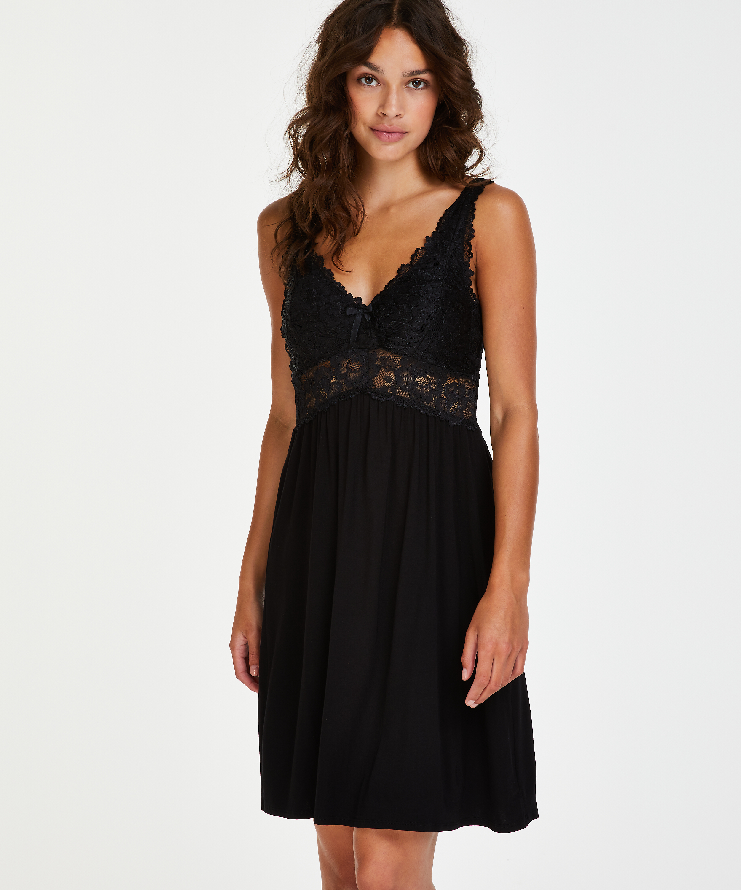 Slipdress Modal Lace mit Spitze, Schwarz, main